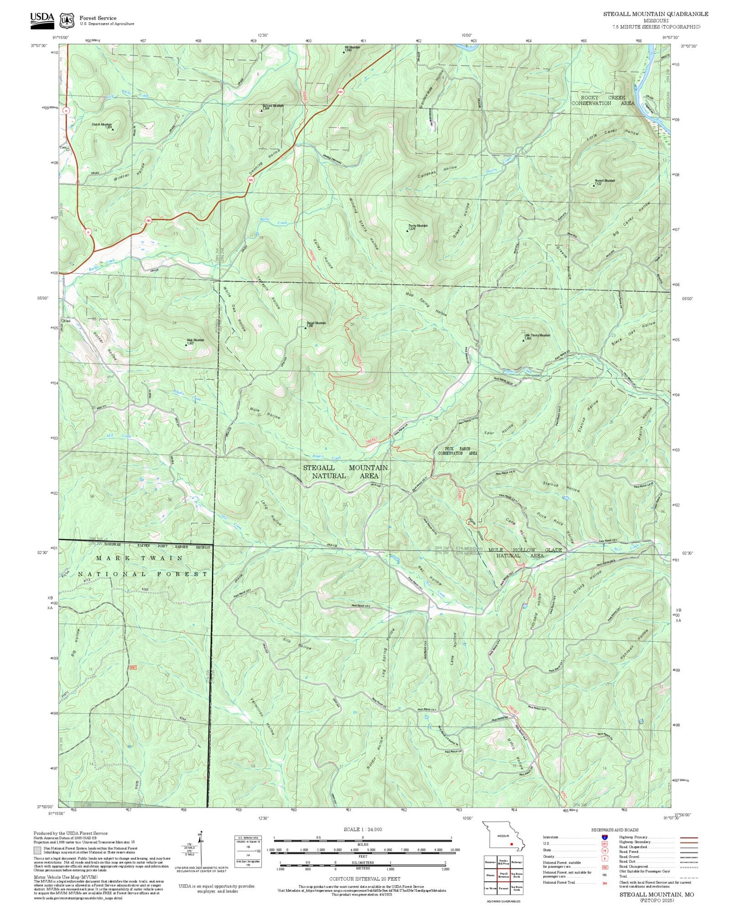 2025 Forest Service Topo Map of Stegall Mountain Missouri