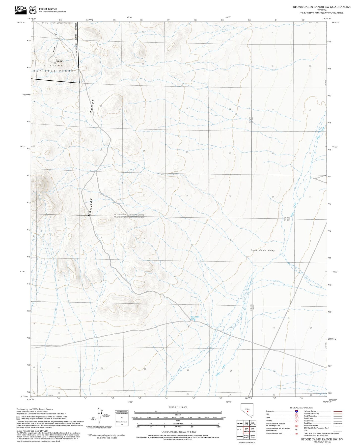 2025 Forest Service Topo Map of Stone Cabin Ranch SW Nevada