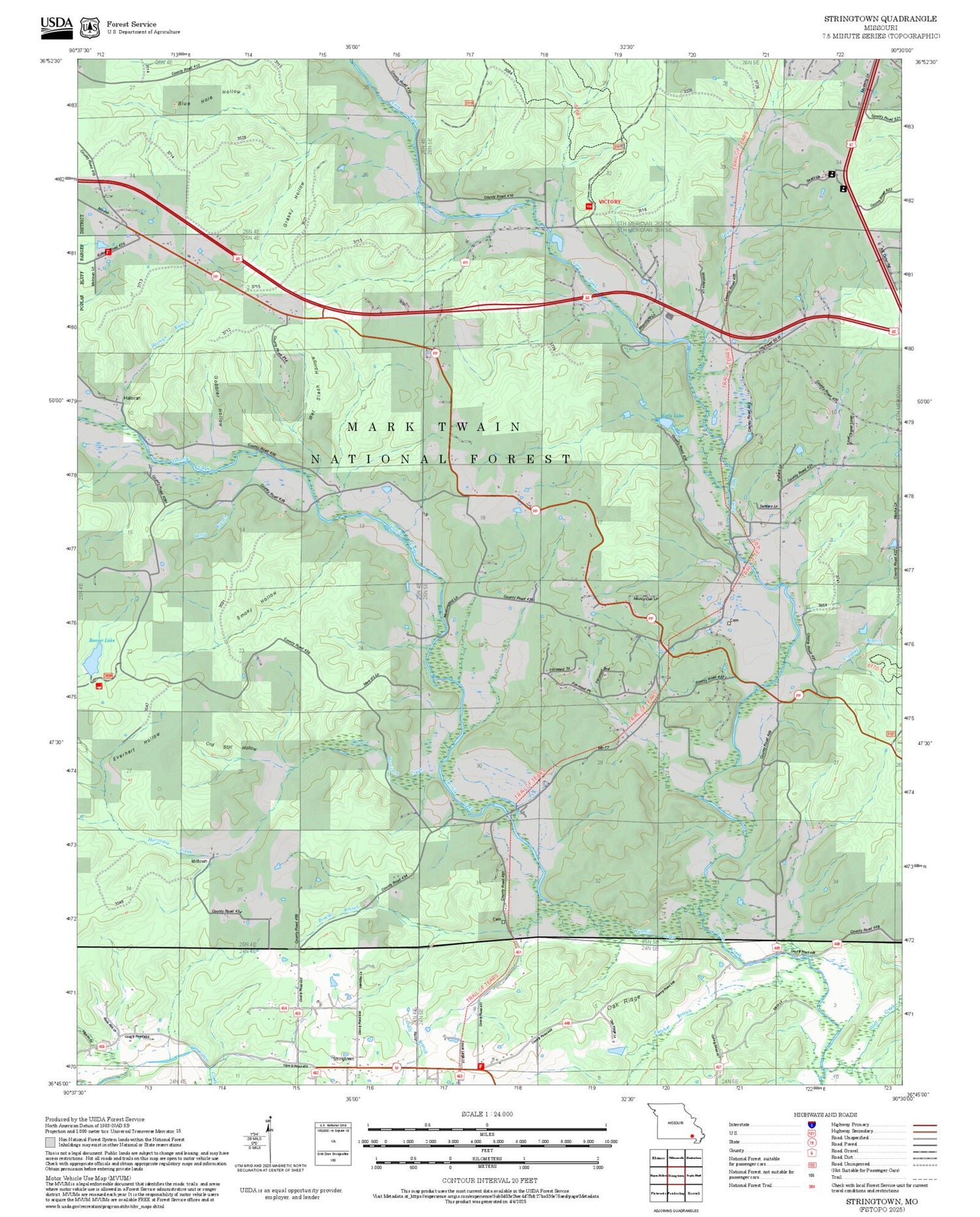 2025 Forest Service Topo Map of Stringtown Missouri