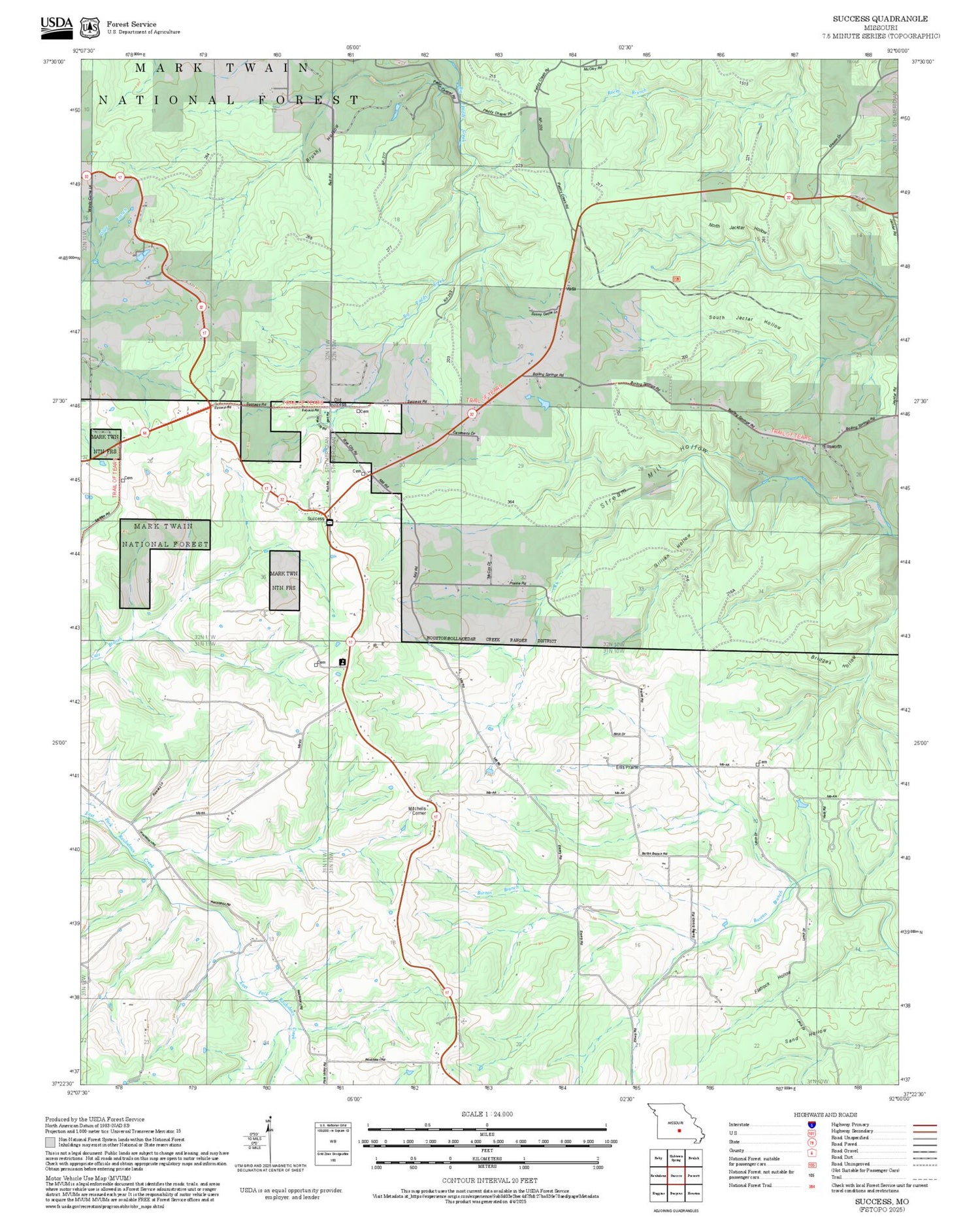 2025 Forest Service Topo Map of Success Missouri