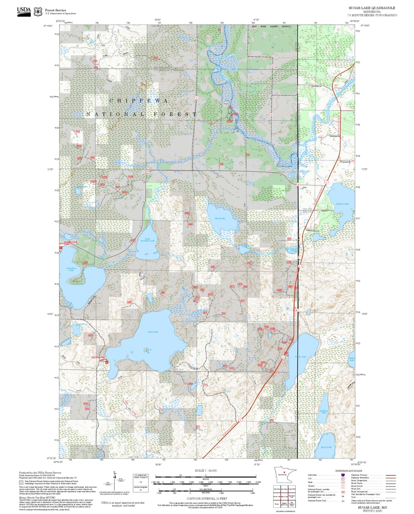 2025 Forest Service Topo Map of Sugar Lake Minnesota