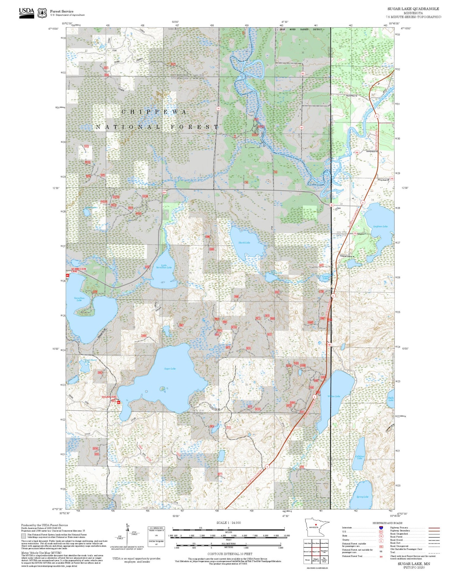 2025 Forest Service Topo Map of Sugar Lake Minnesota
