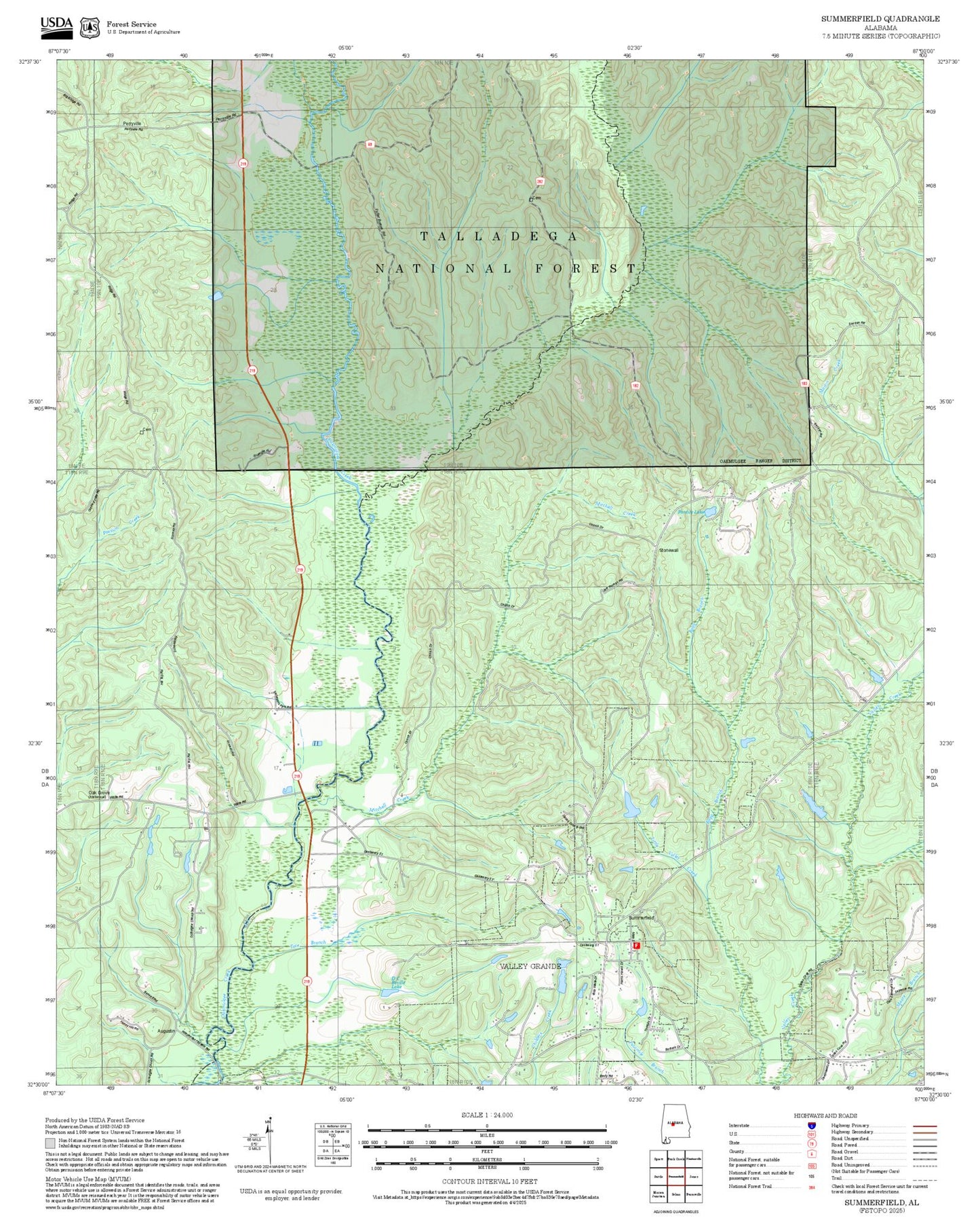 2025 Forest Service Topo Map of Summerfield Alabama