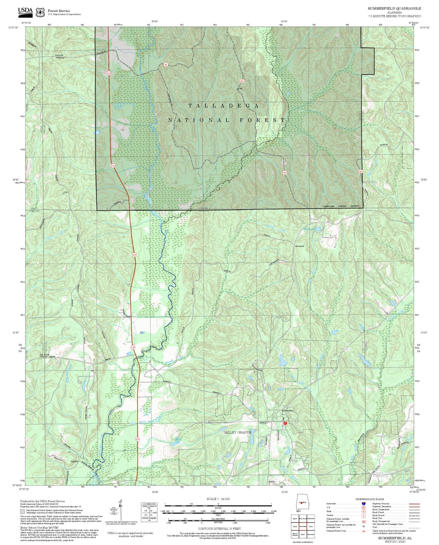2025 Forest Service Topo Map of Summerfield Alabama