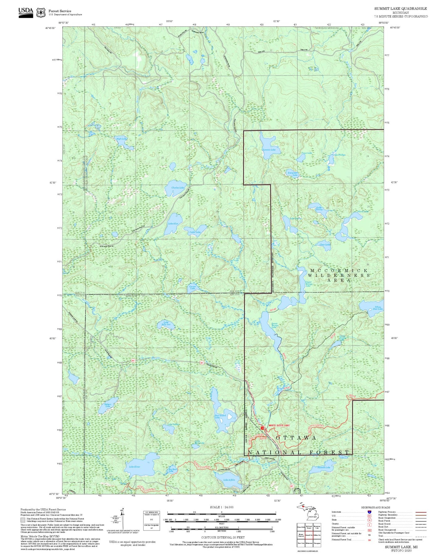 2025 Forest Service Topo Map of Summit Lake Michigan