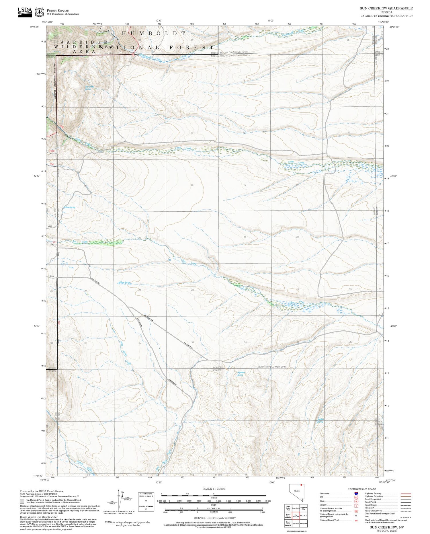 2025 Forest Service Topo Map of Sun Creek NW Nevada