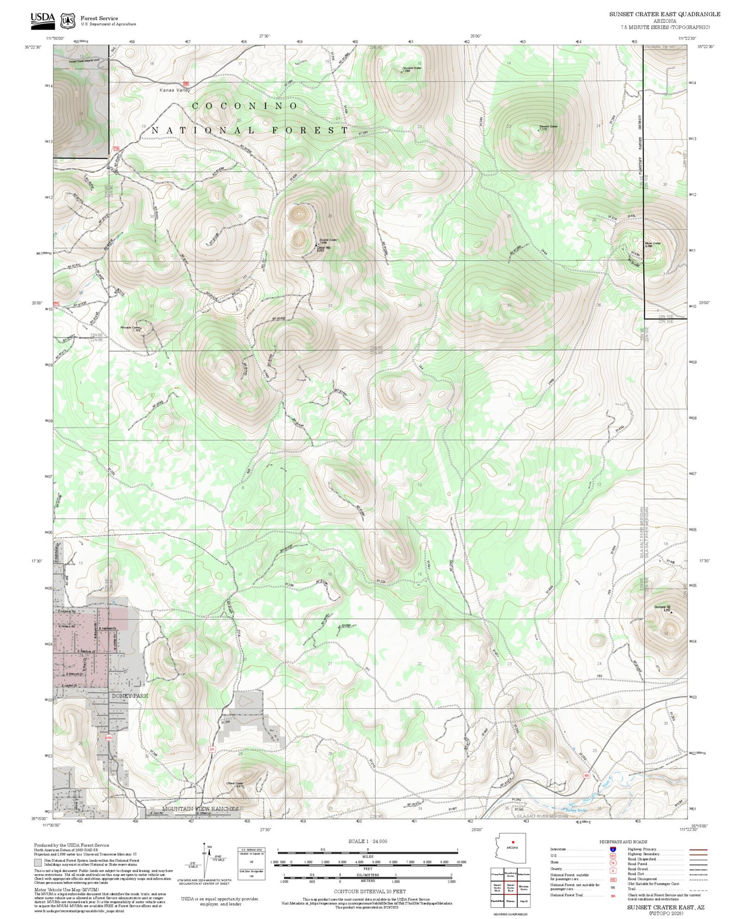 2025 Forest Service Topo Map of Sunset Crater East Arizona