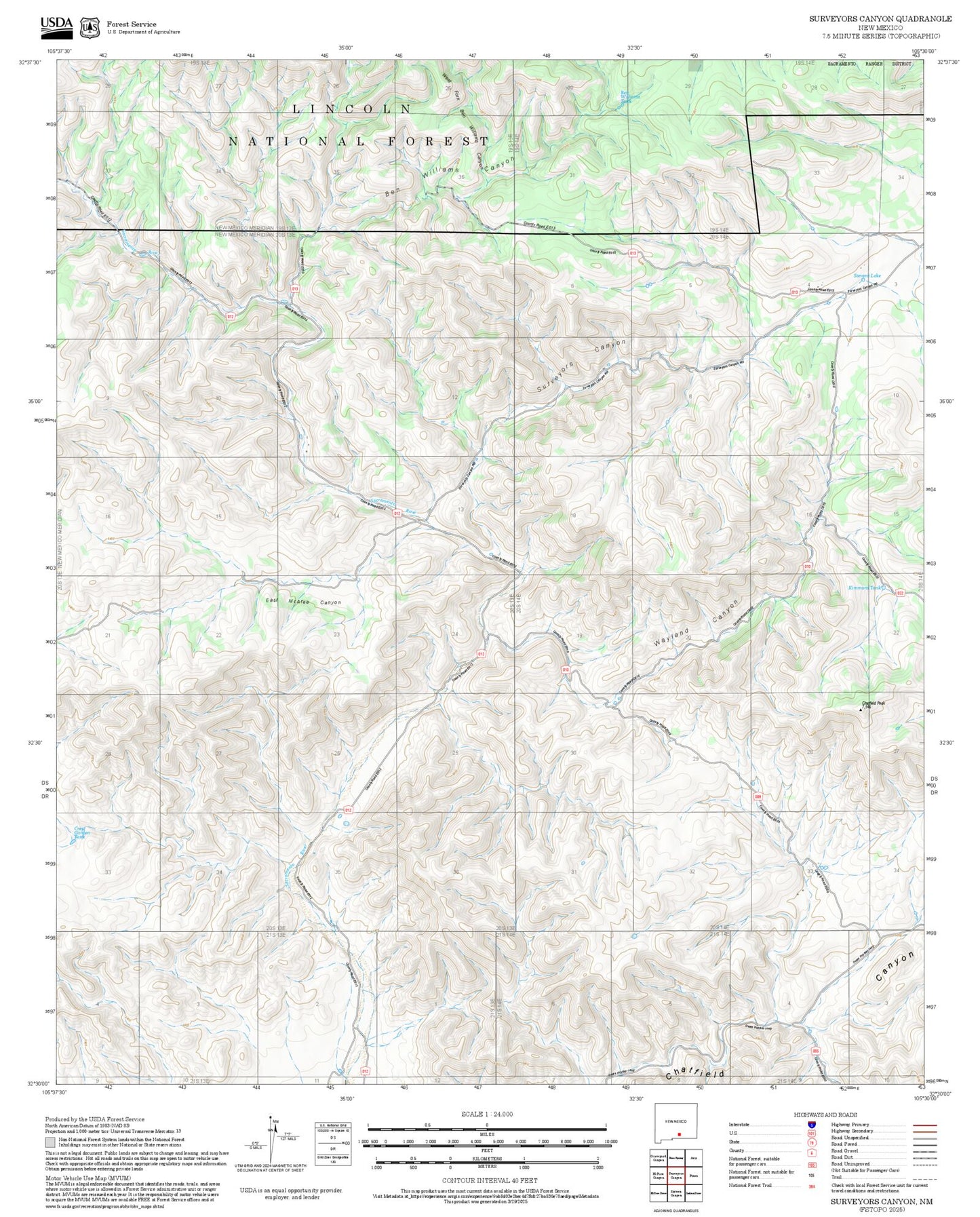 2025 Forest Service Topo Map of Surveyors Canyon New Mexico