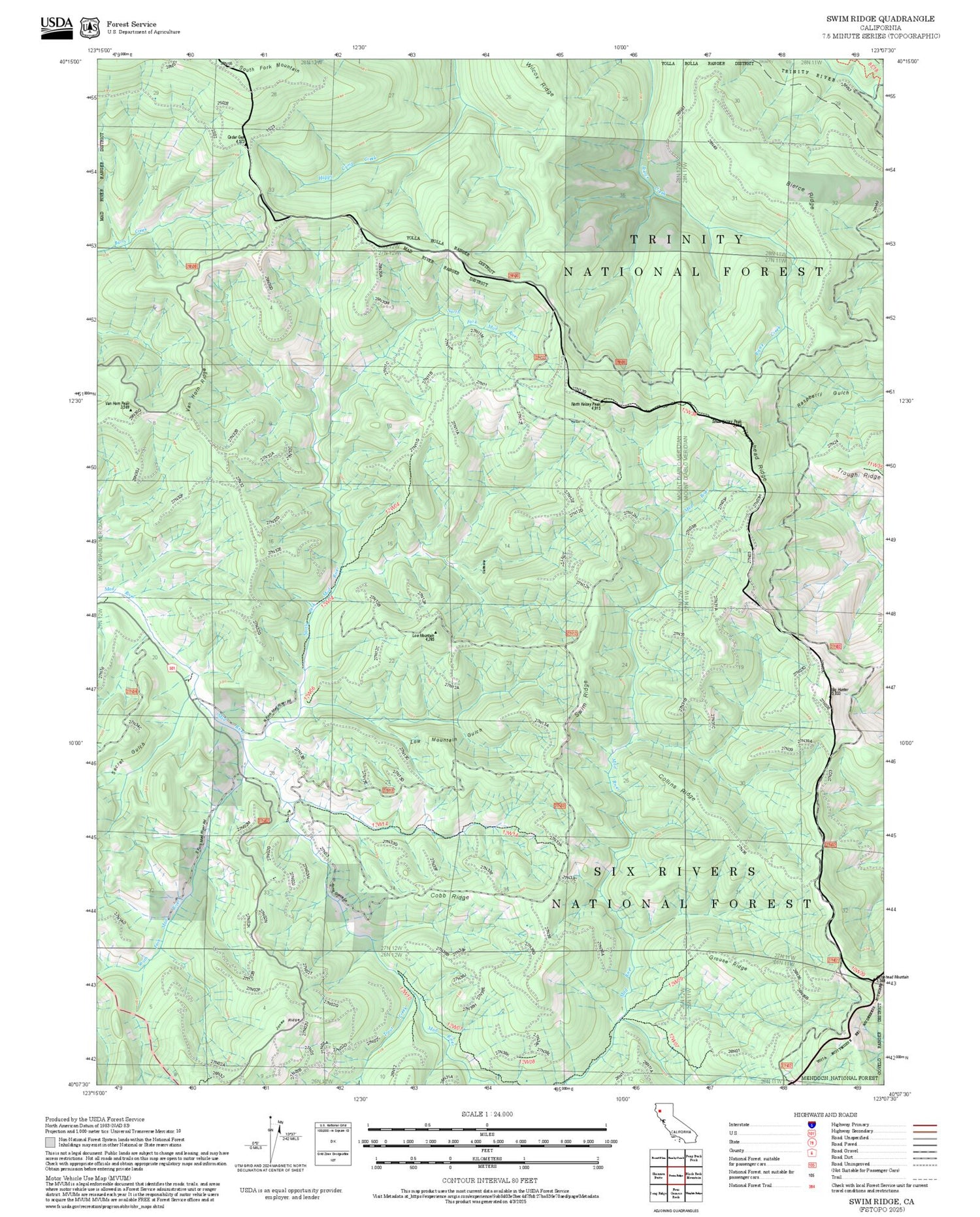 2025 Forest Service Topo Map of Swim Ridge California