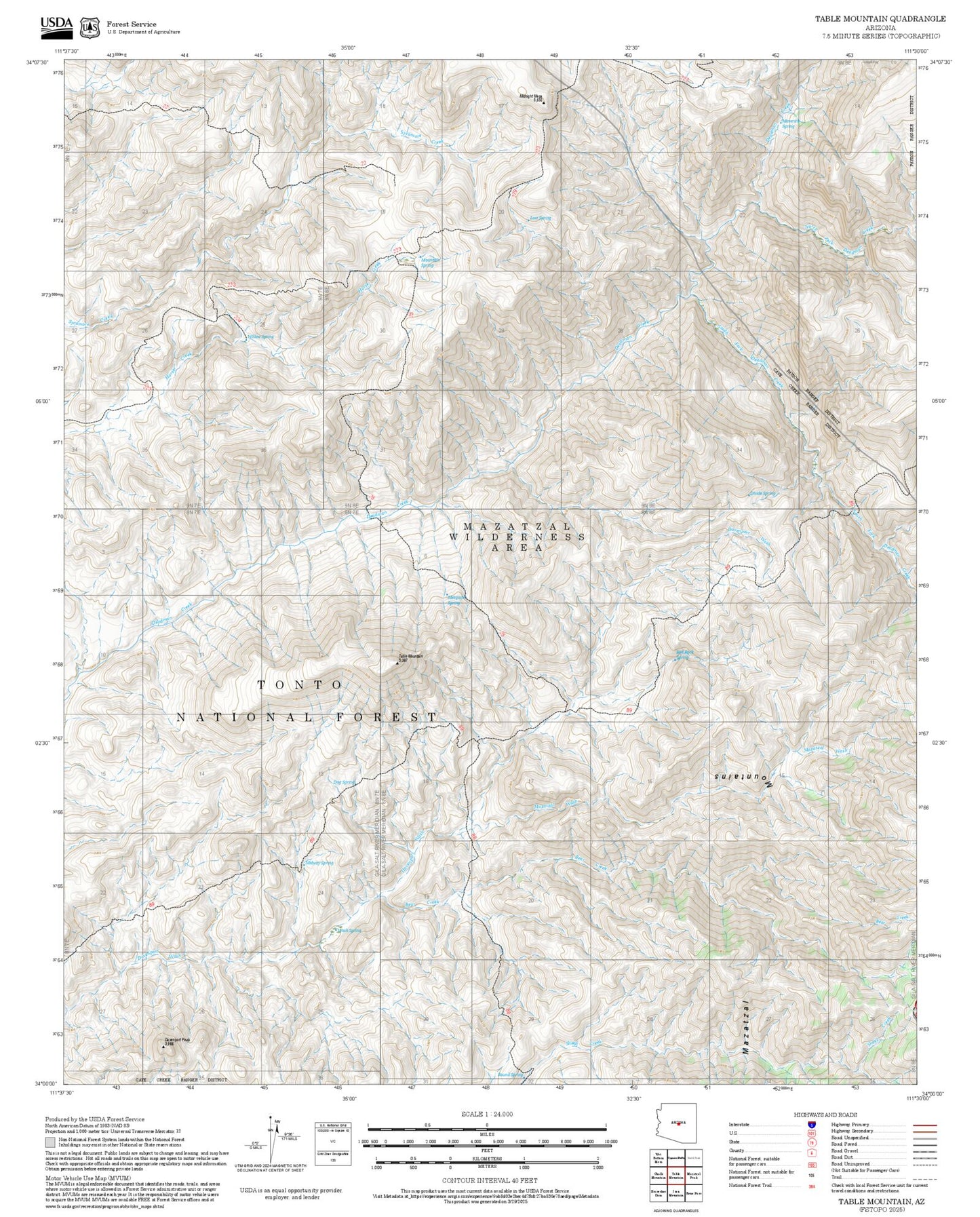 2025 Forest Service Topo Map of Table Mountain Arizona