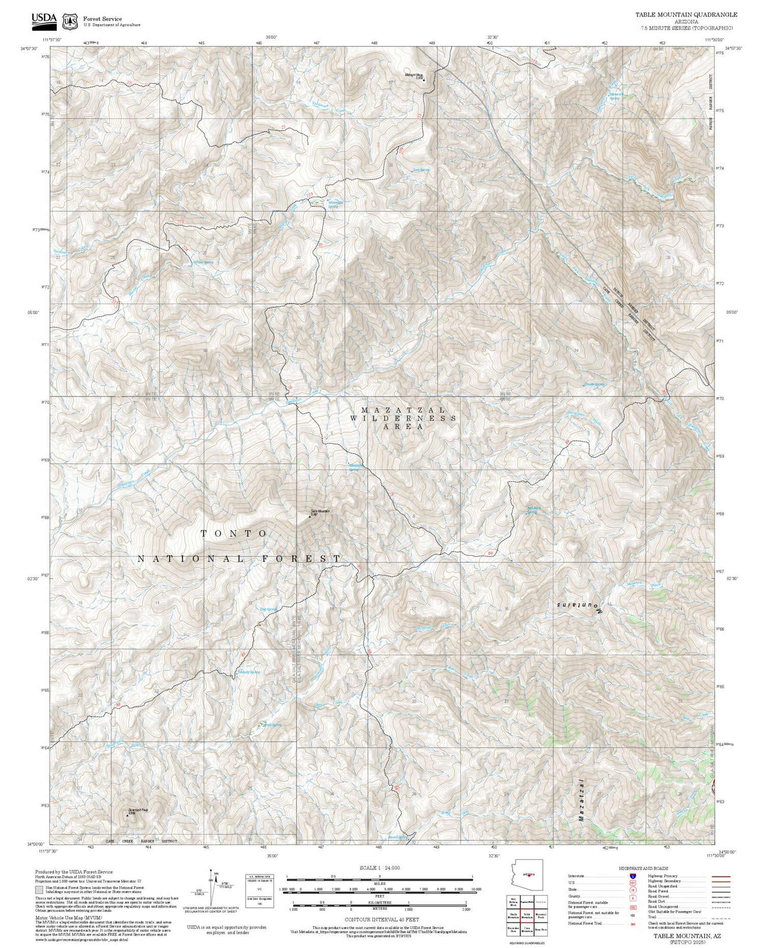 2025 Forest Service Topo Map of Table Mountain Arizona