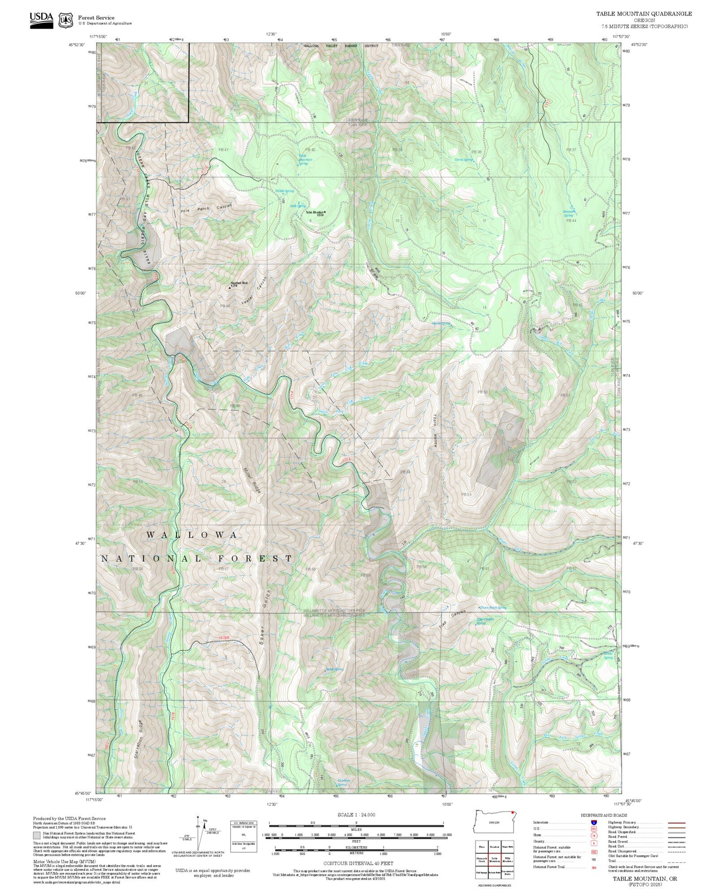 2025 Forest Service Topo Map of Table Mountain Oregon