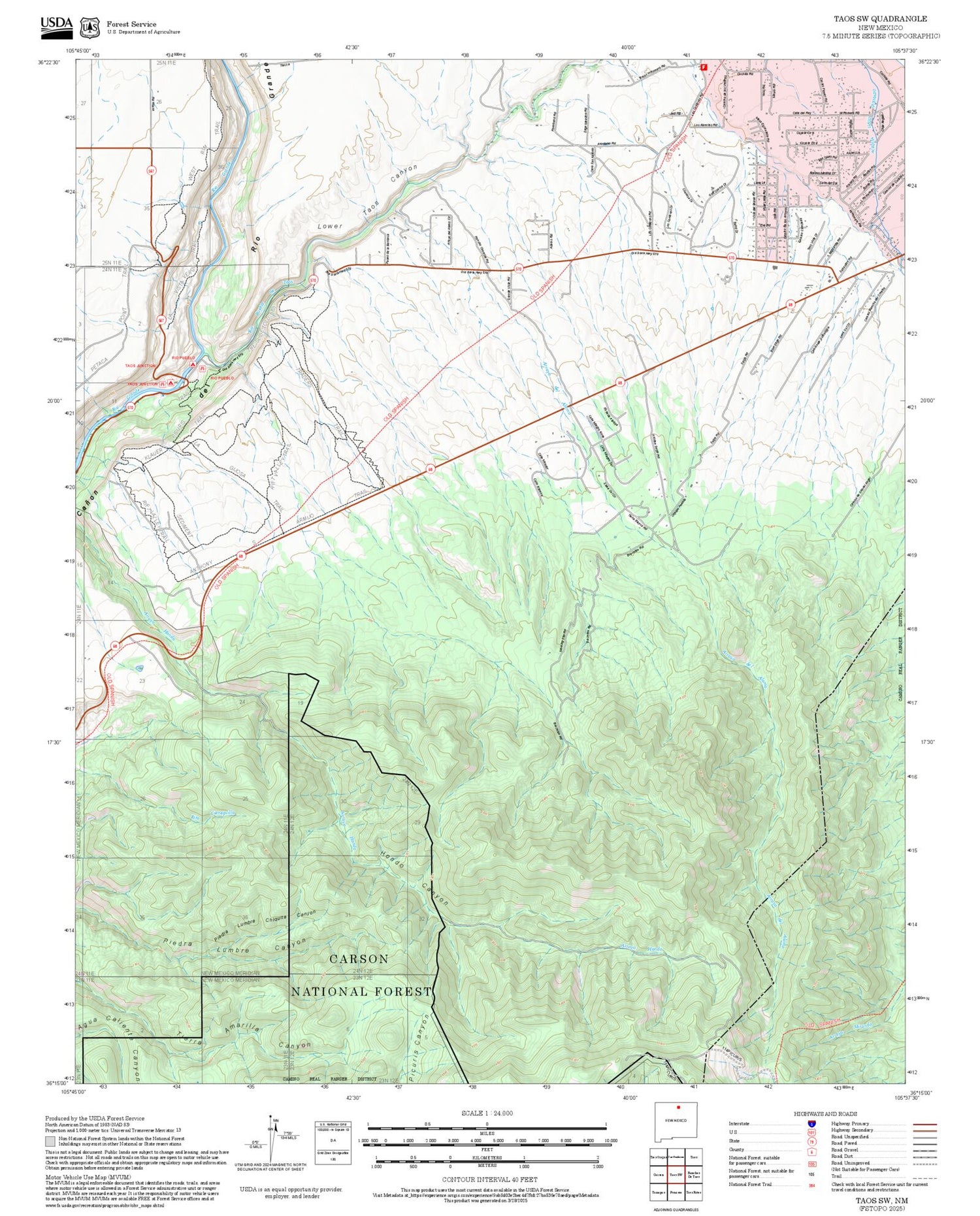 2025 Forest Service Topo Map of Taos SW New Mexico