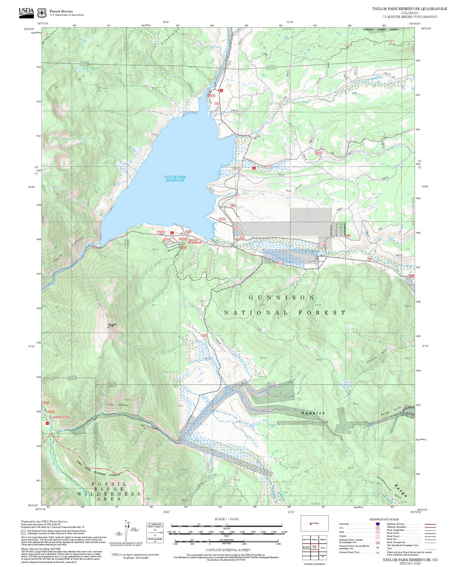 2025 Forest Service Topo Map of Taylor Park Reservoir Colorado
