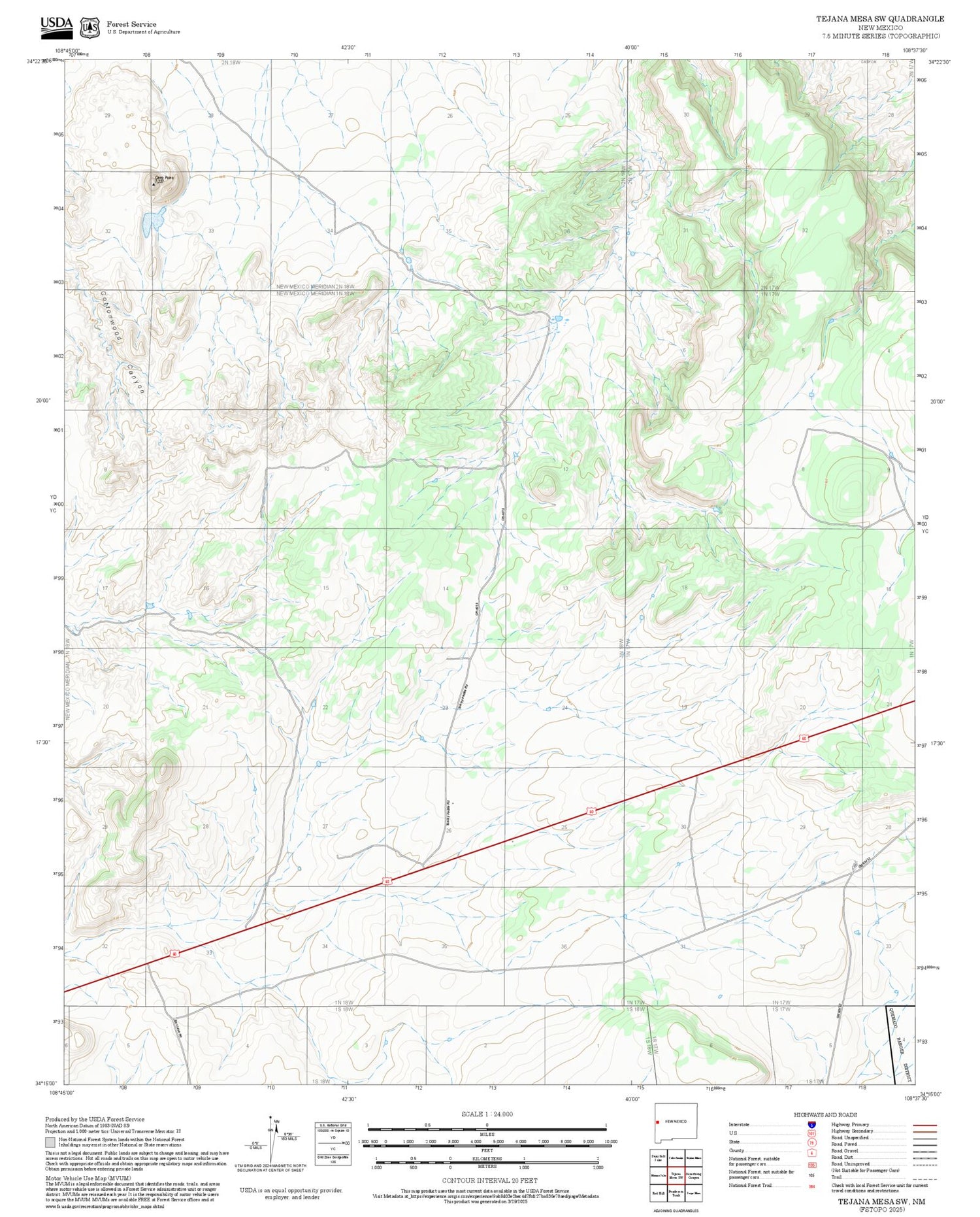 2025 Forest Service Topo Map of Tejana Mesa SW New Mexico