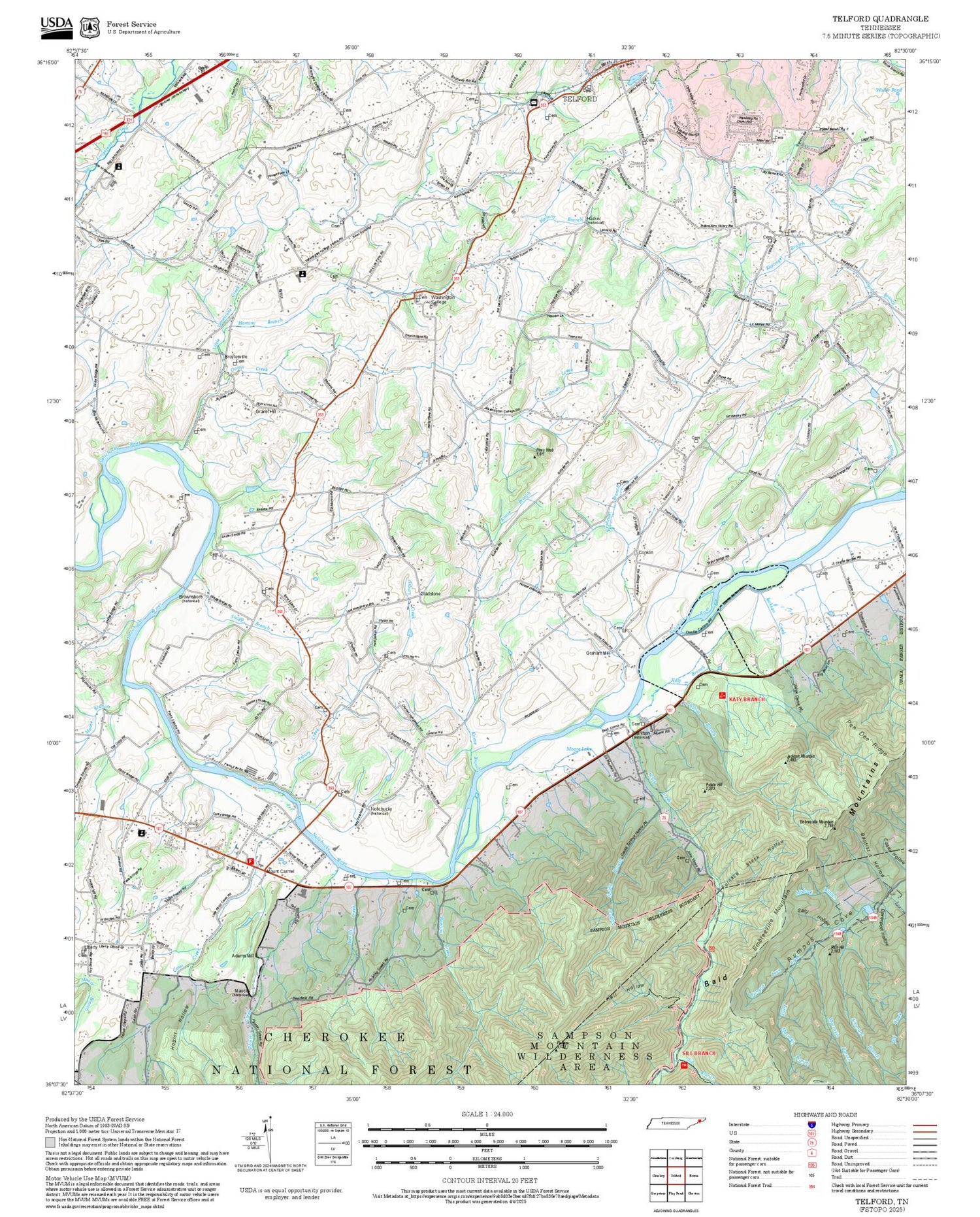2025 Forest Service Topo Map of Telford Tennessee