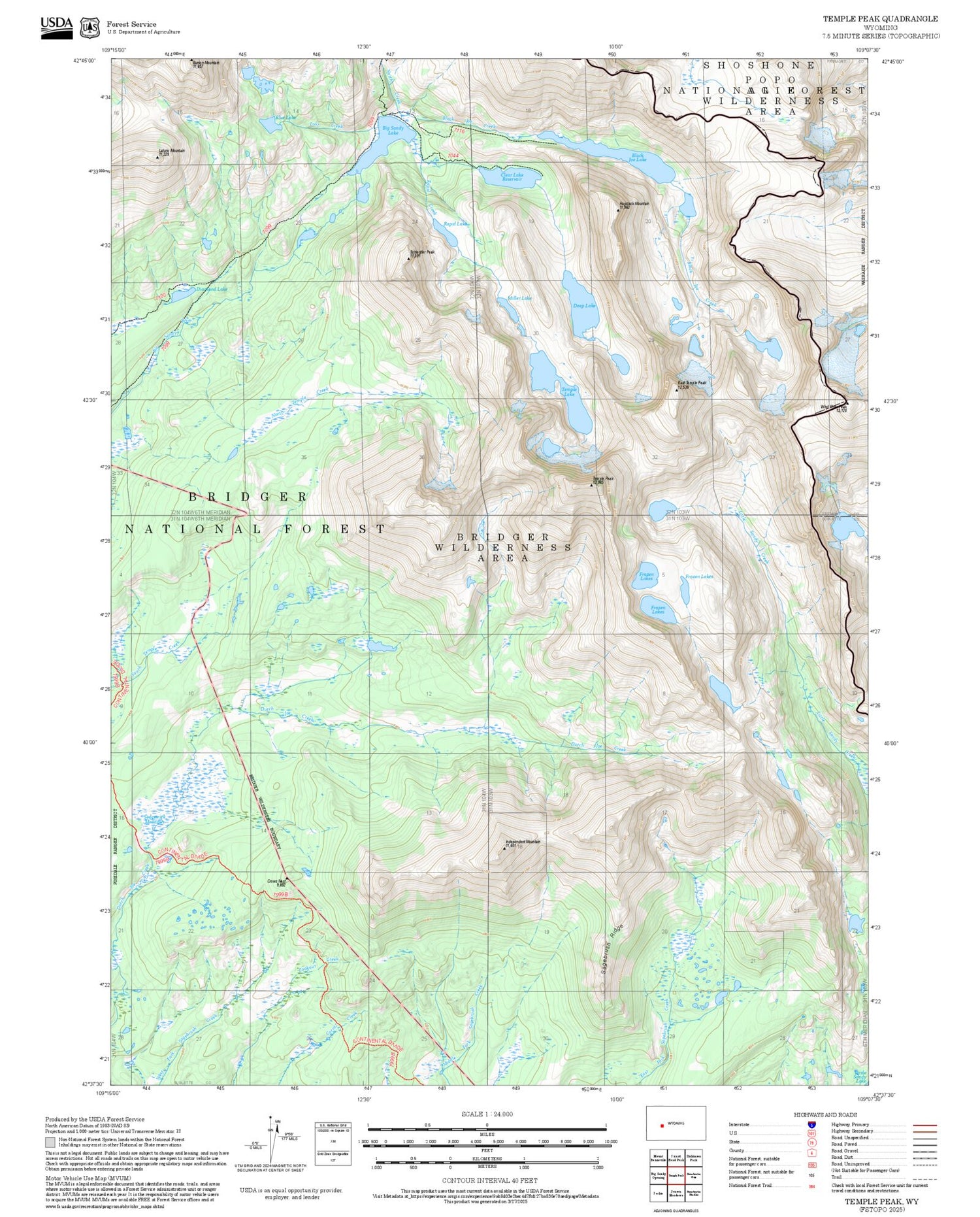 2025 Forest Service Topo Map of Temple Peak Wyoming
