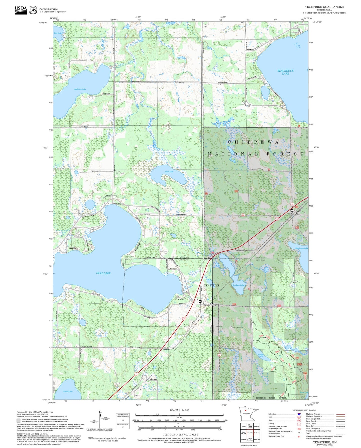 2025 Forest Service Topo Map of Tenstrike Minnesota