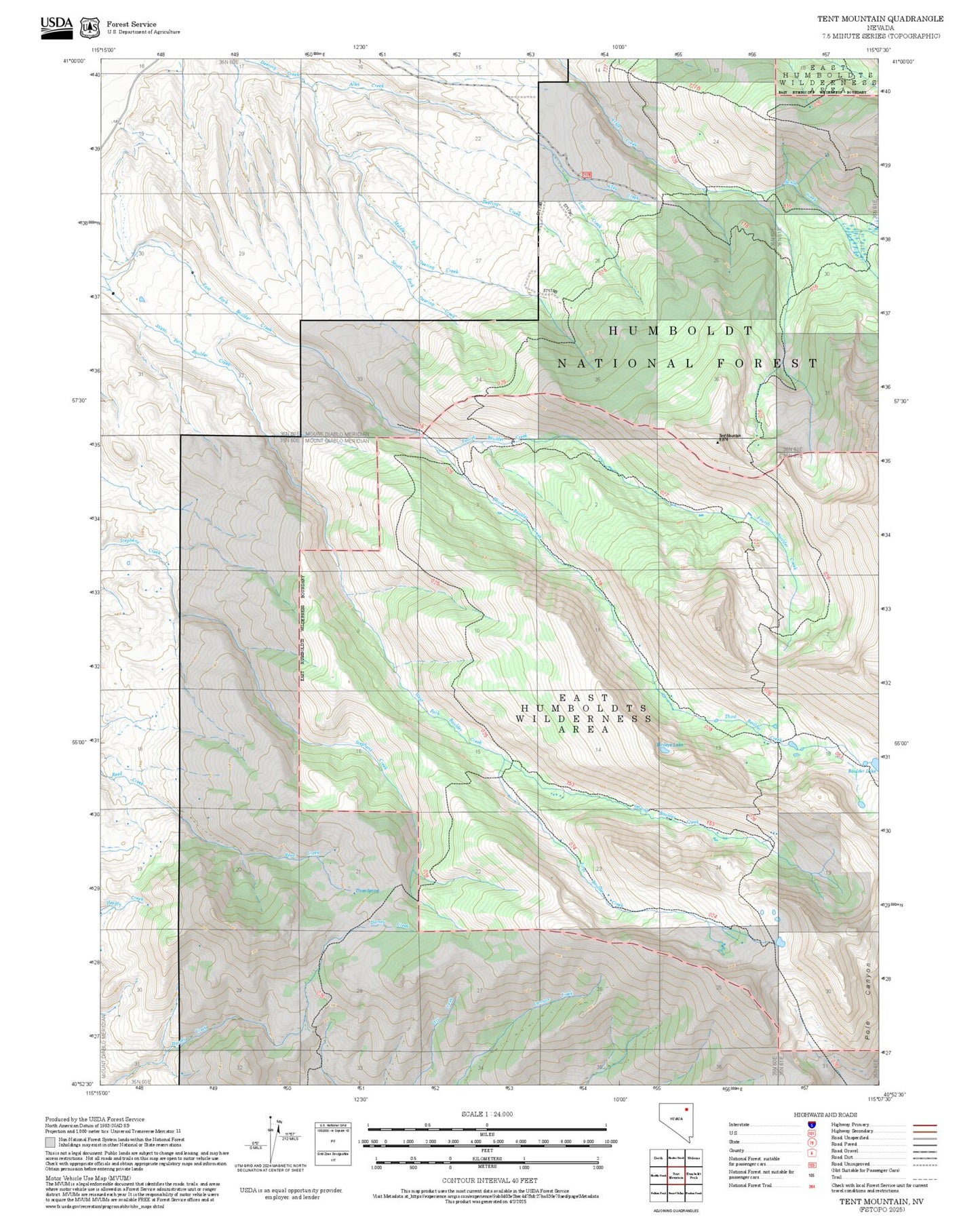2025 Forest Service Topo Map of Tent Mountain Nevada