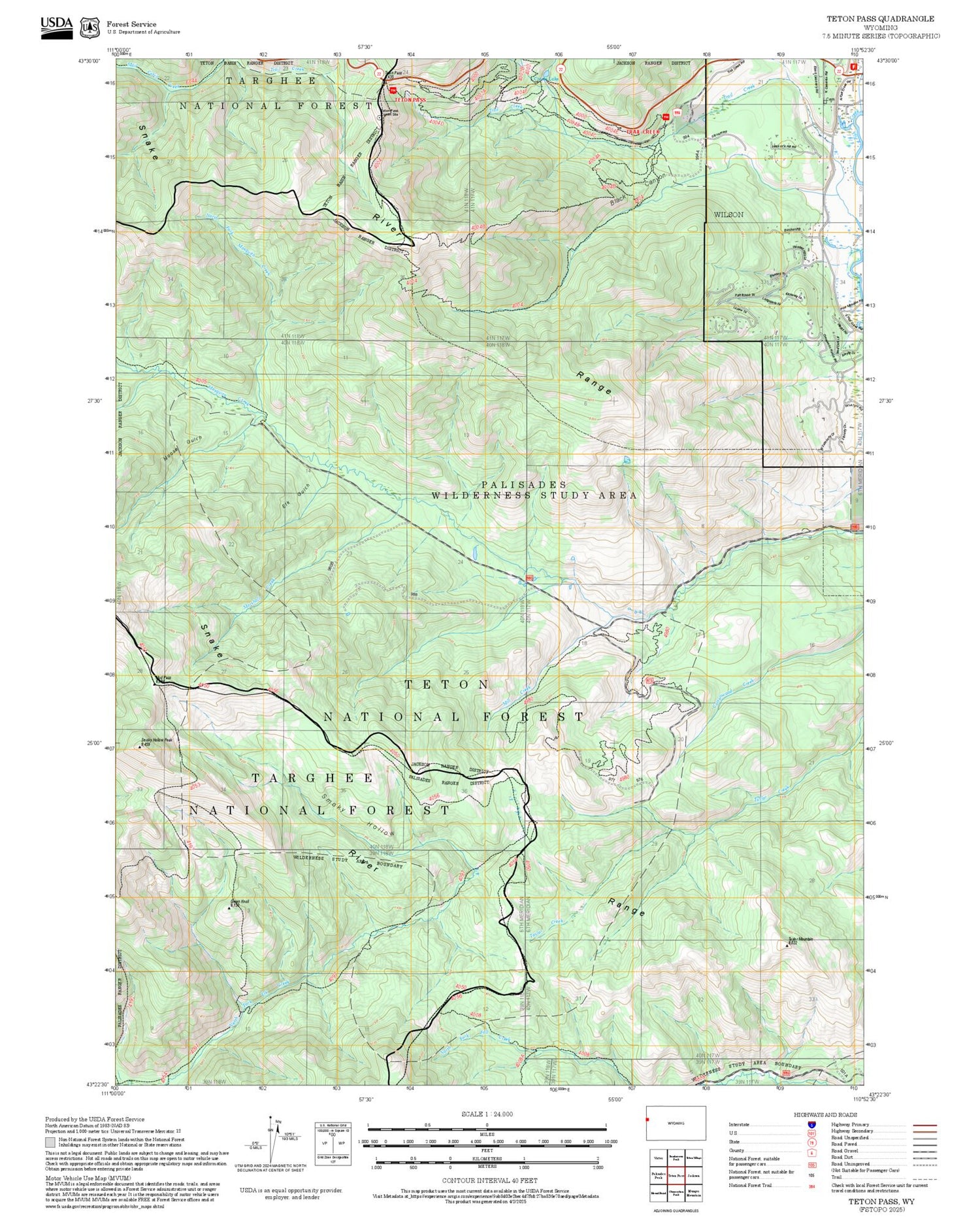 2025 Forest Service Topo Map of Teton Pass Wyoming