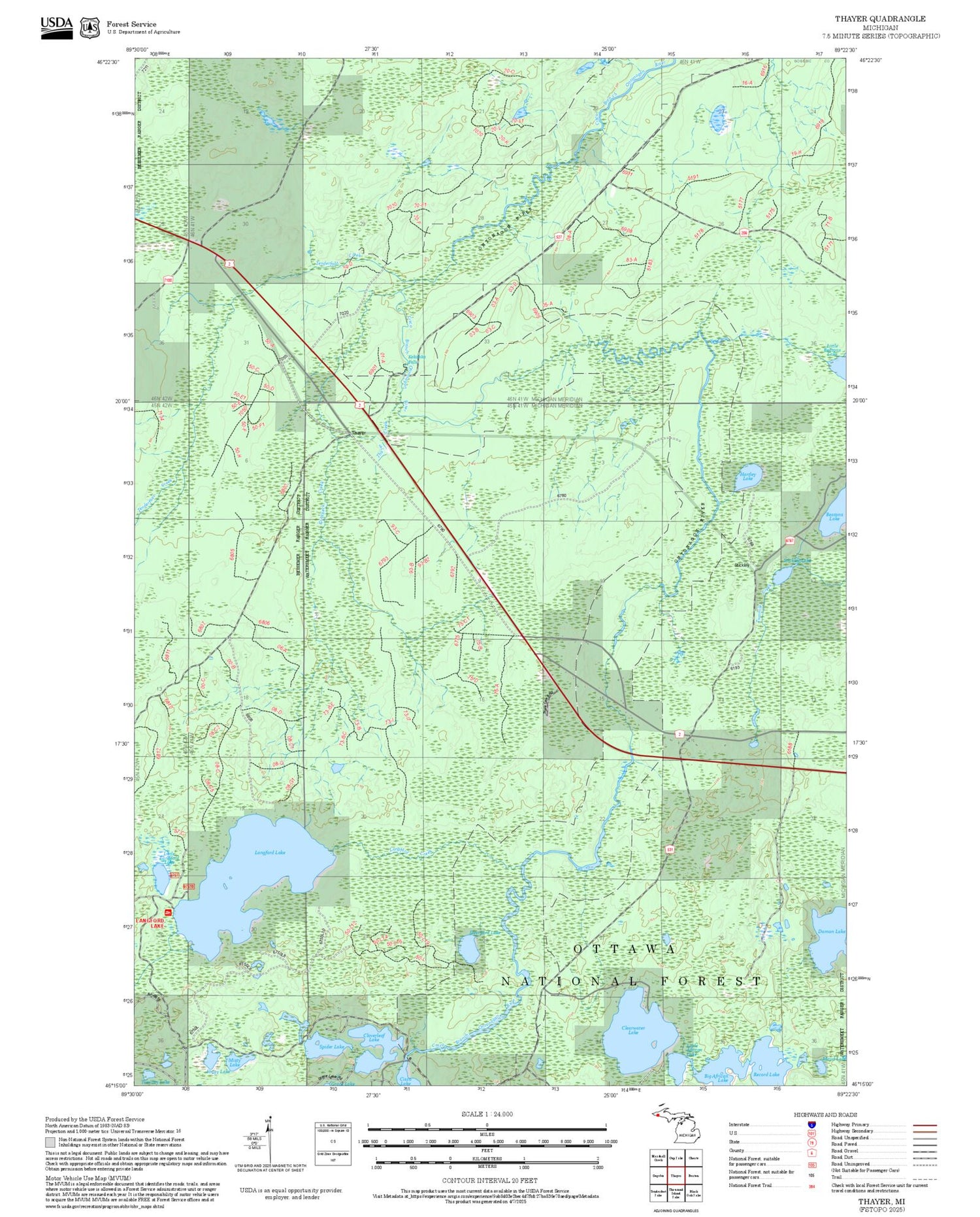2025 Forest Service Topo Map of Thayer Michigan