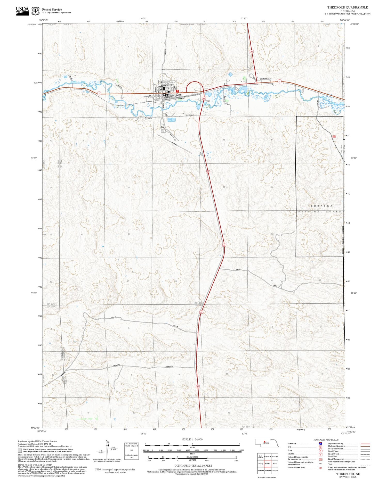 2025 Forest Service Topo Map of Thedford Nebraska