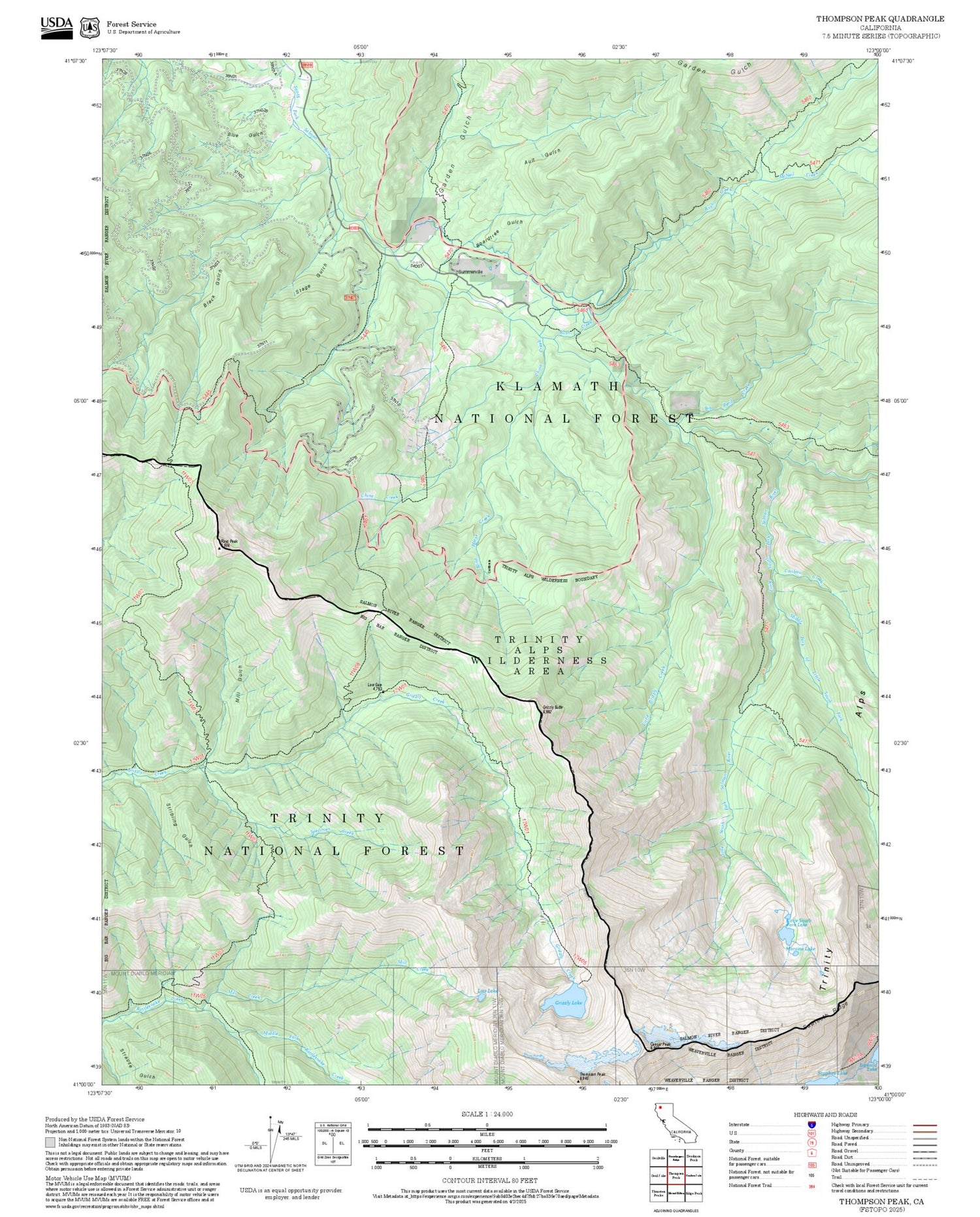 2025 Forest Service Topo Map of Thompson Peak California