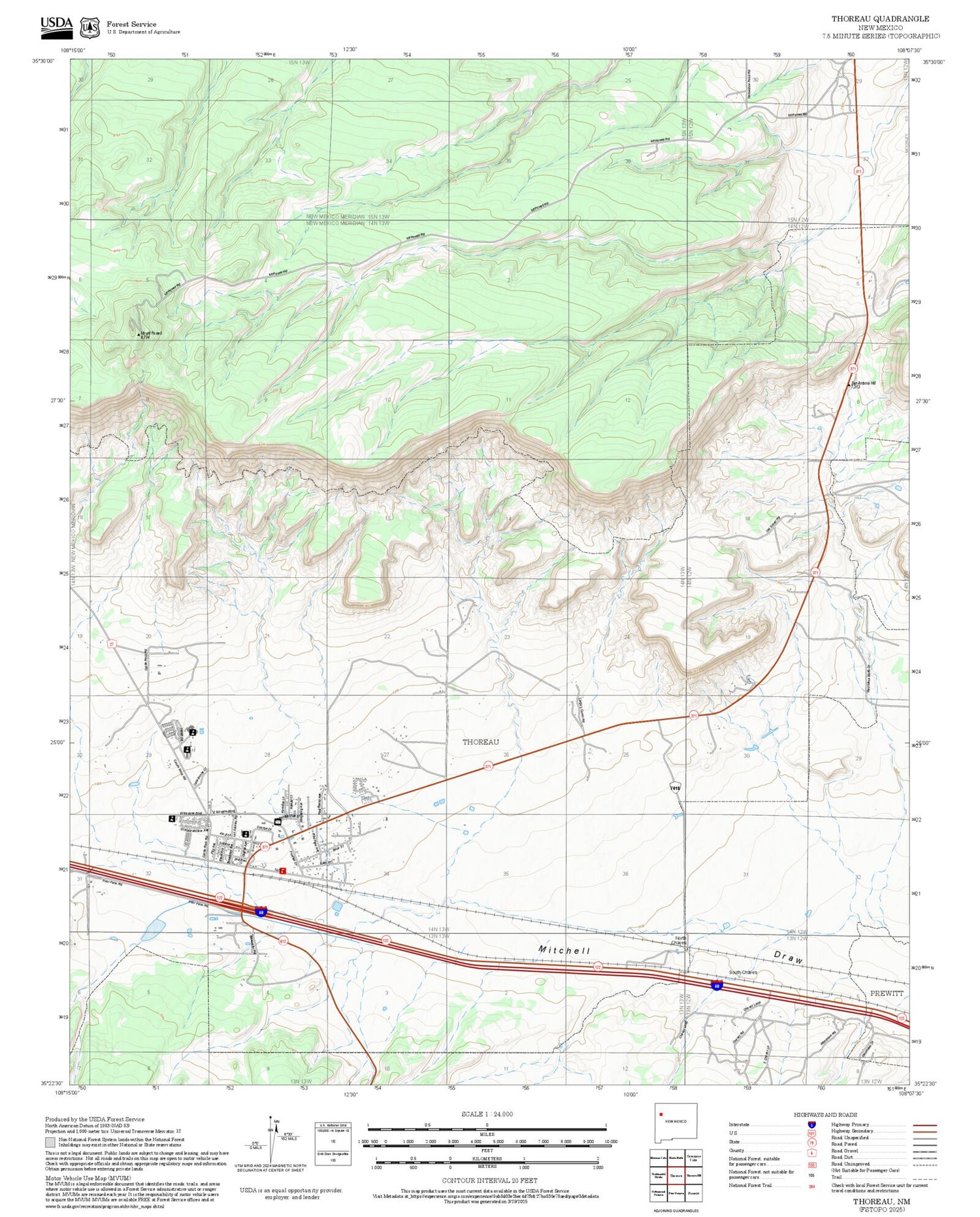 2025 Forest Service Topo Map of Thoreau New Mexico