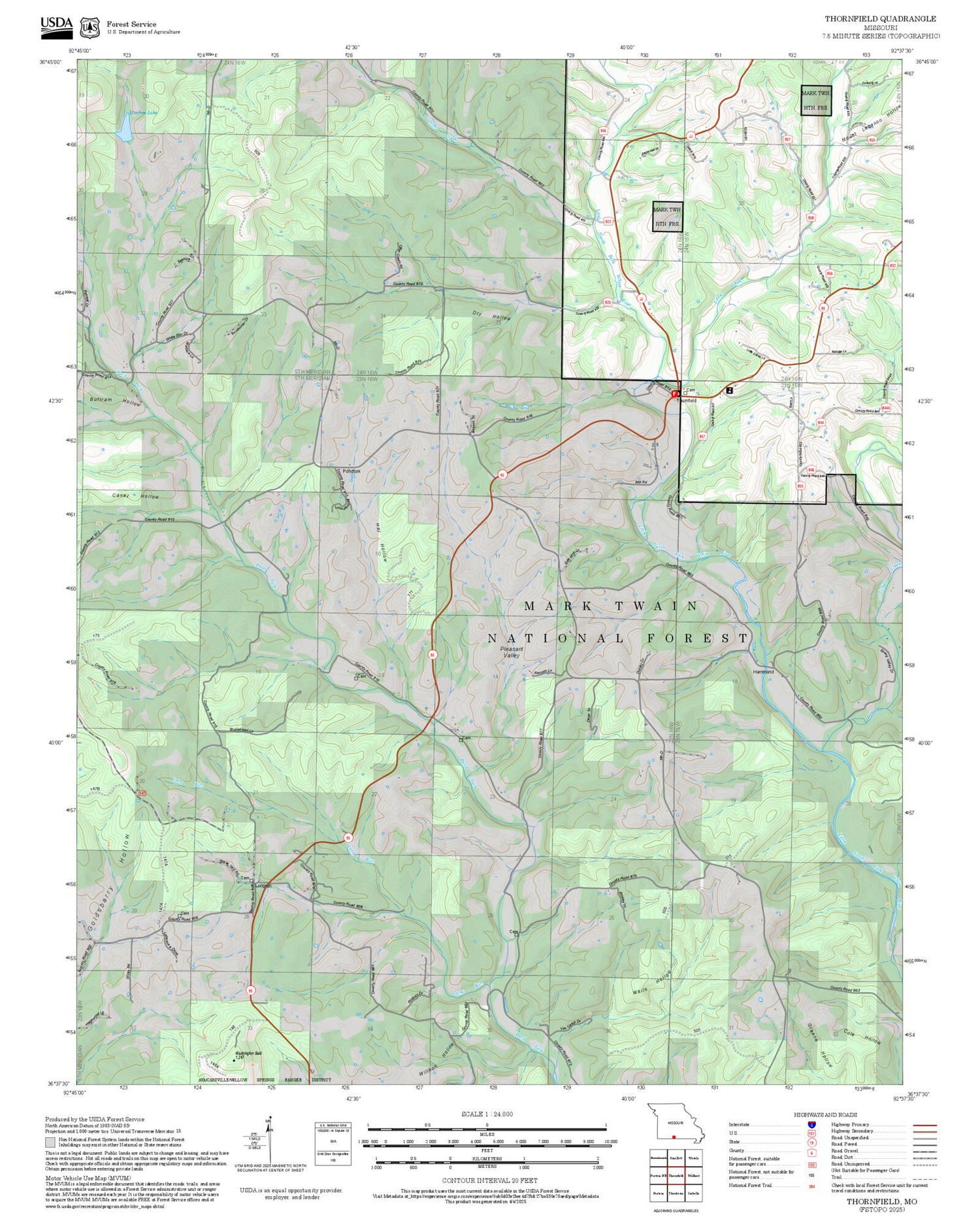 2025 Forest Service Topo Map of Thornfield Missouri