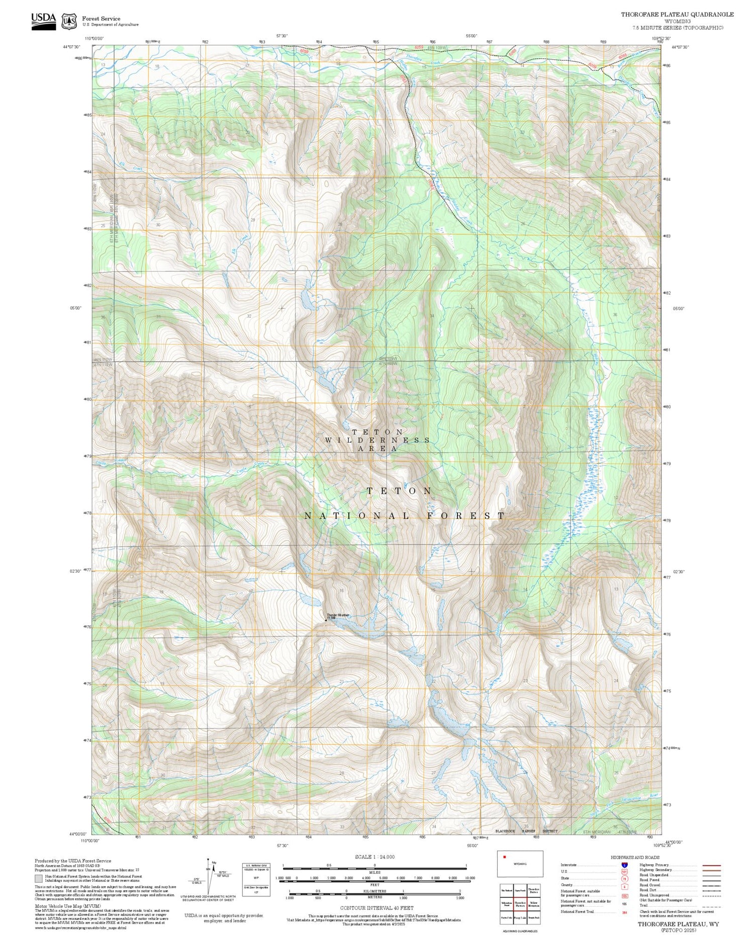 2025 Forest Service Topo Map of Thorofare Plateau Wyoming