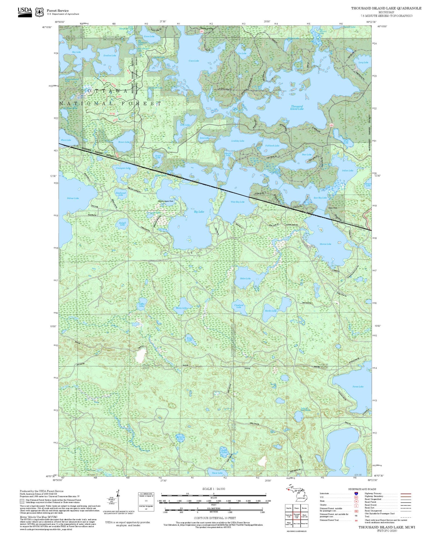 2025 Forest Service Topo Map of Thousand Island Lake Michigan
