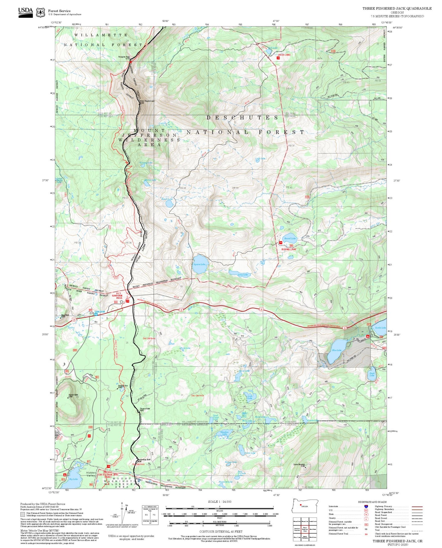2025 Forest Service Topo Map of Three Fingered Jack Oregon
