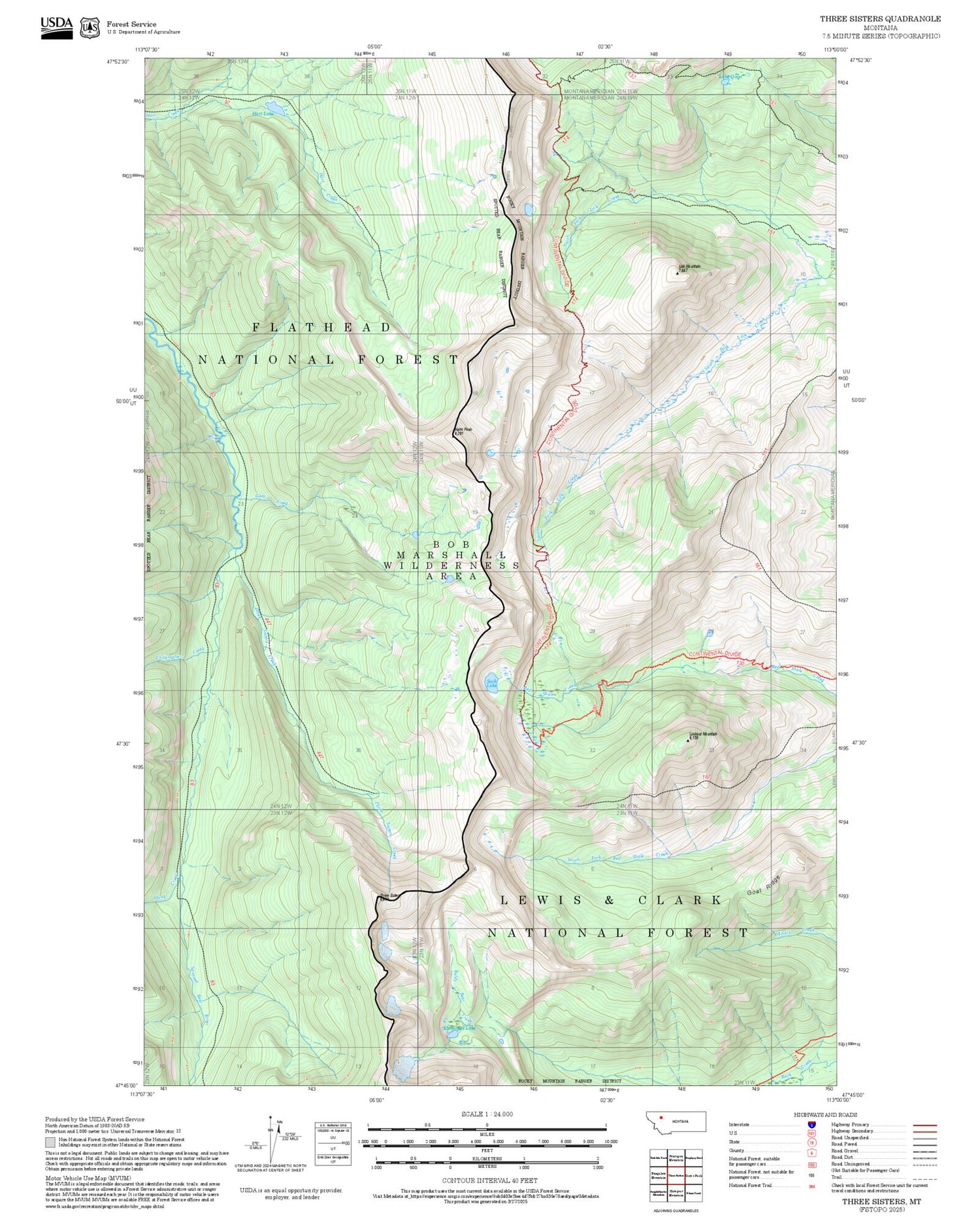 2025 Forest Service Topo Map of Three Sisters Montana