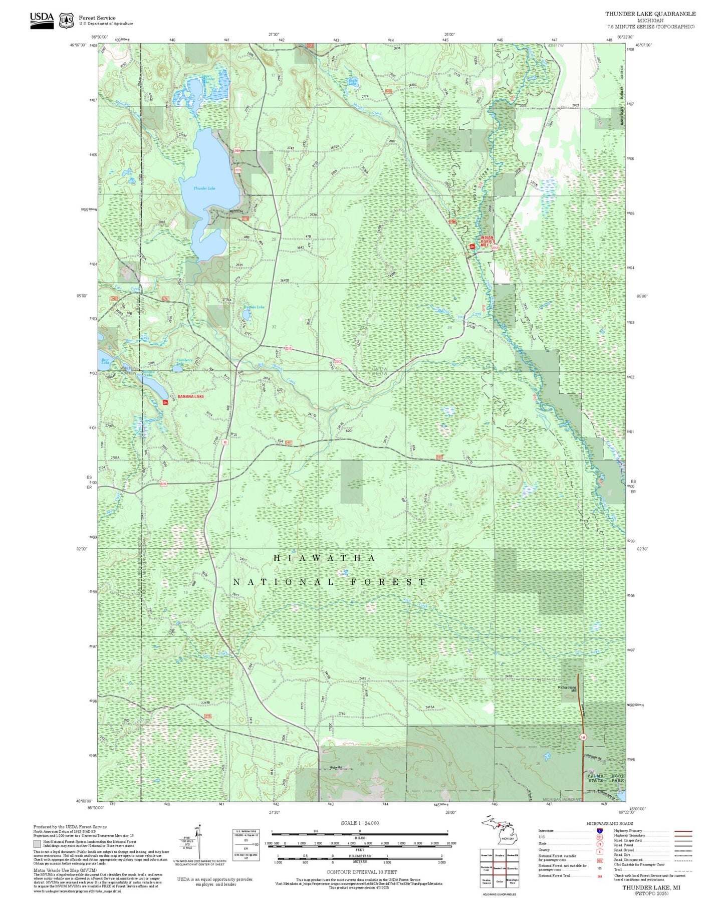 2025 Forest Service Topo Map of Thunder Lake Michigan