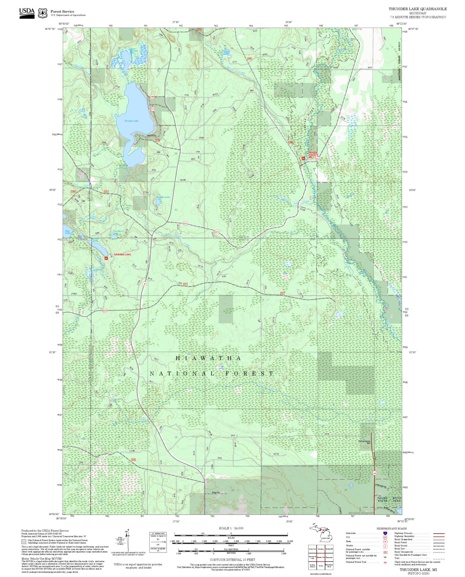 2025 Forest Service Topo Map of Thunder Lake Michigan