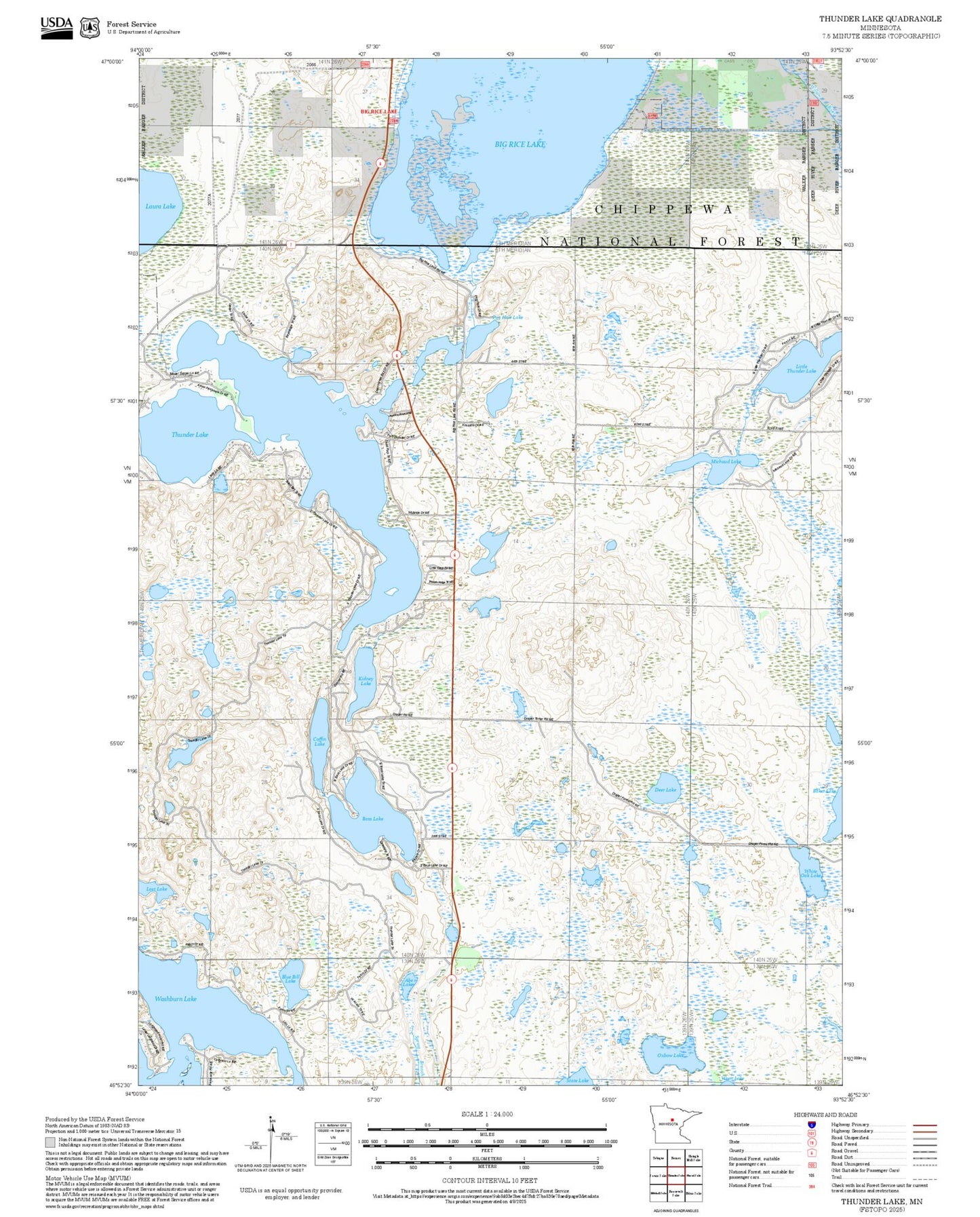 2025 Forest Service Topo Map of Thunder Lake Minnesota