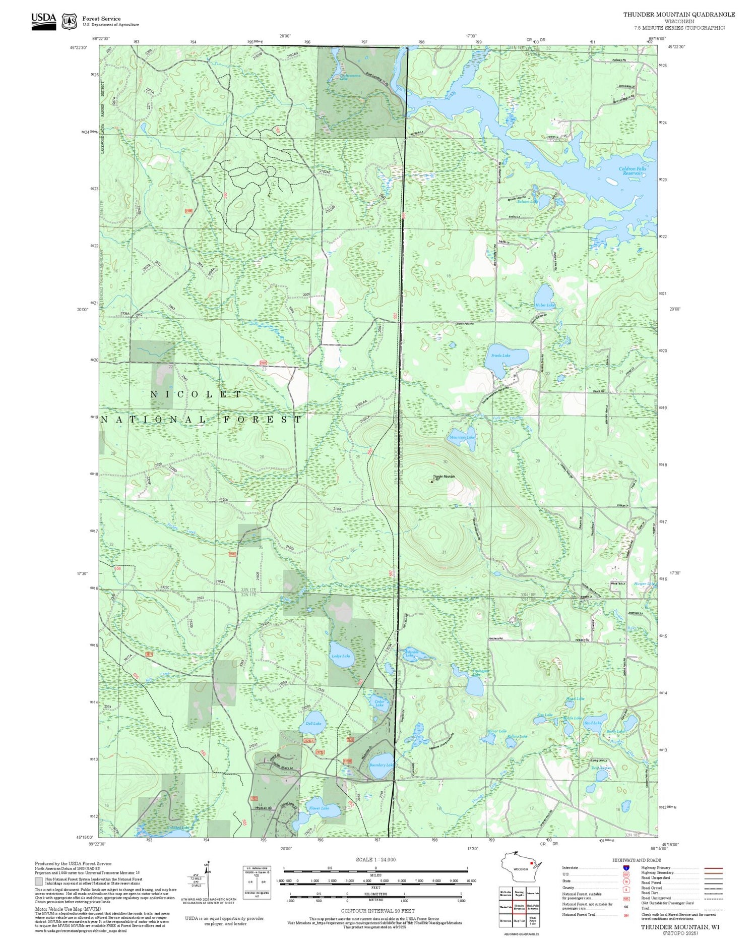 2025 Forest Service Topo Map of Thunder Mountain Wisconsin