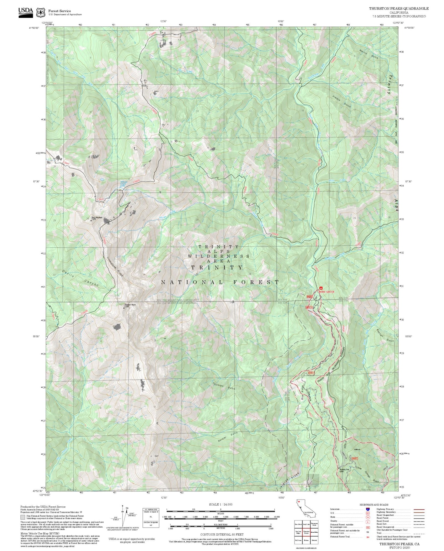 2025 Forest Service Topo Map of Thurston Peaks California