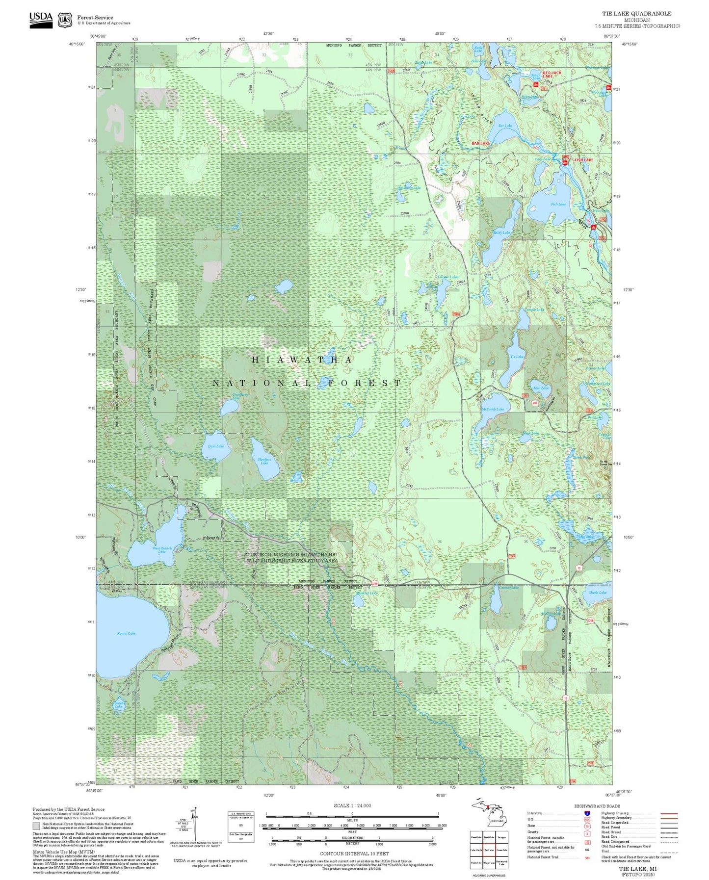 2025 Forest Service Topo Map of Tie Lake Michigan
