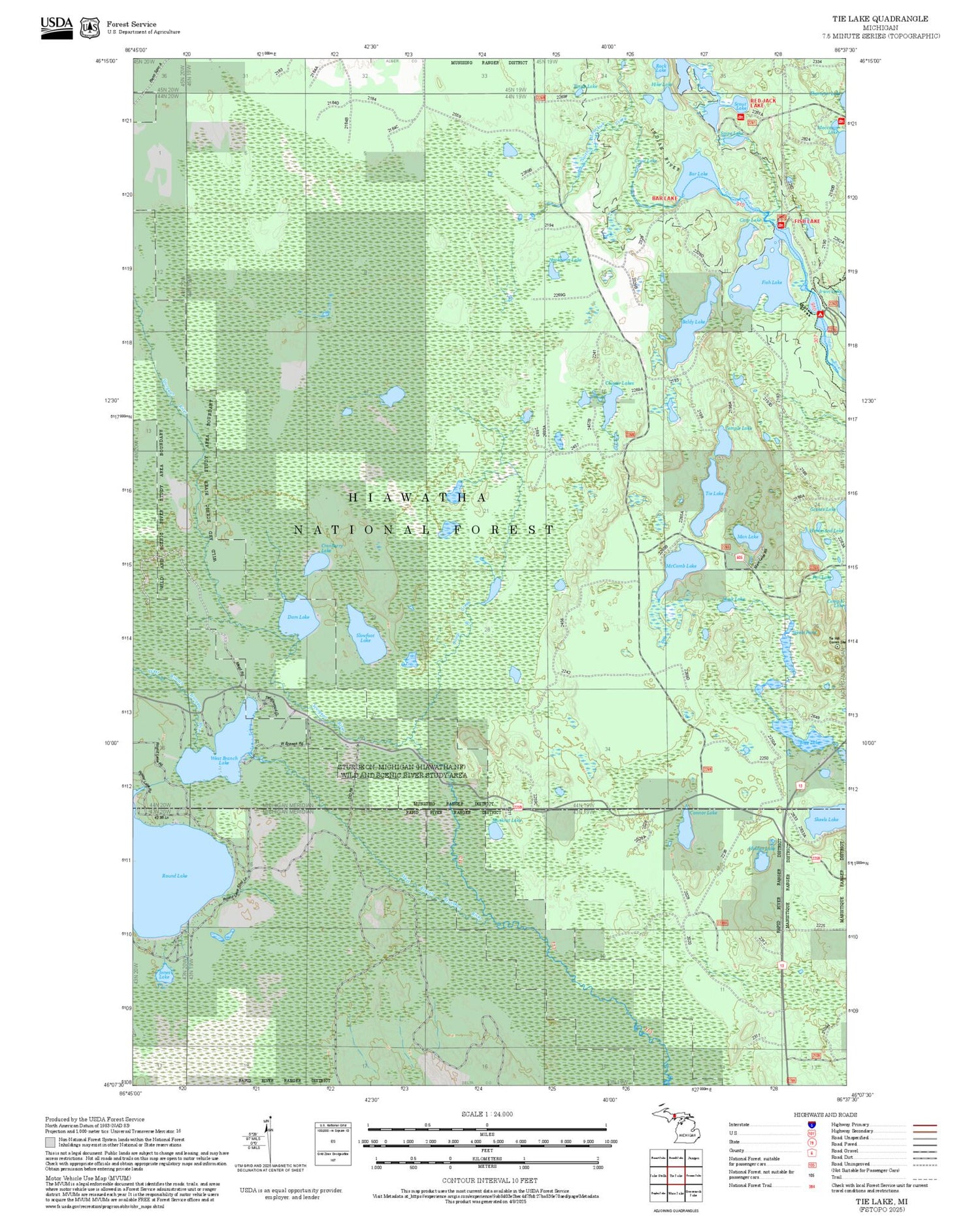 2025 Forest Service Topo Map of Tie Lake Michigan