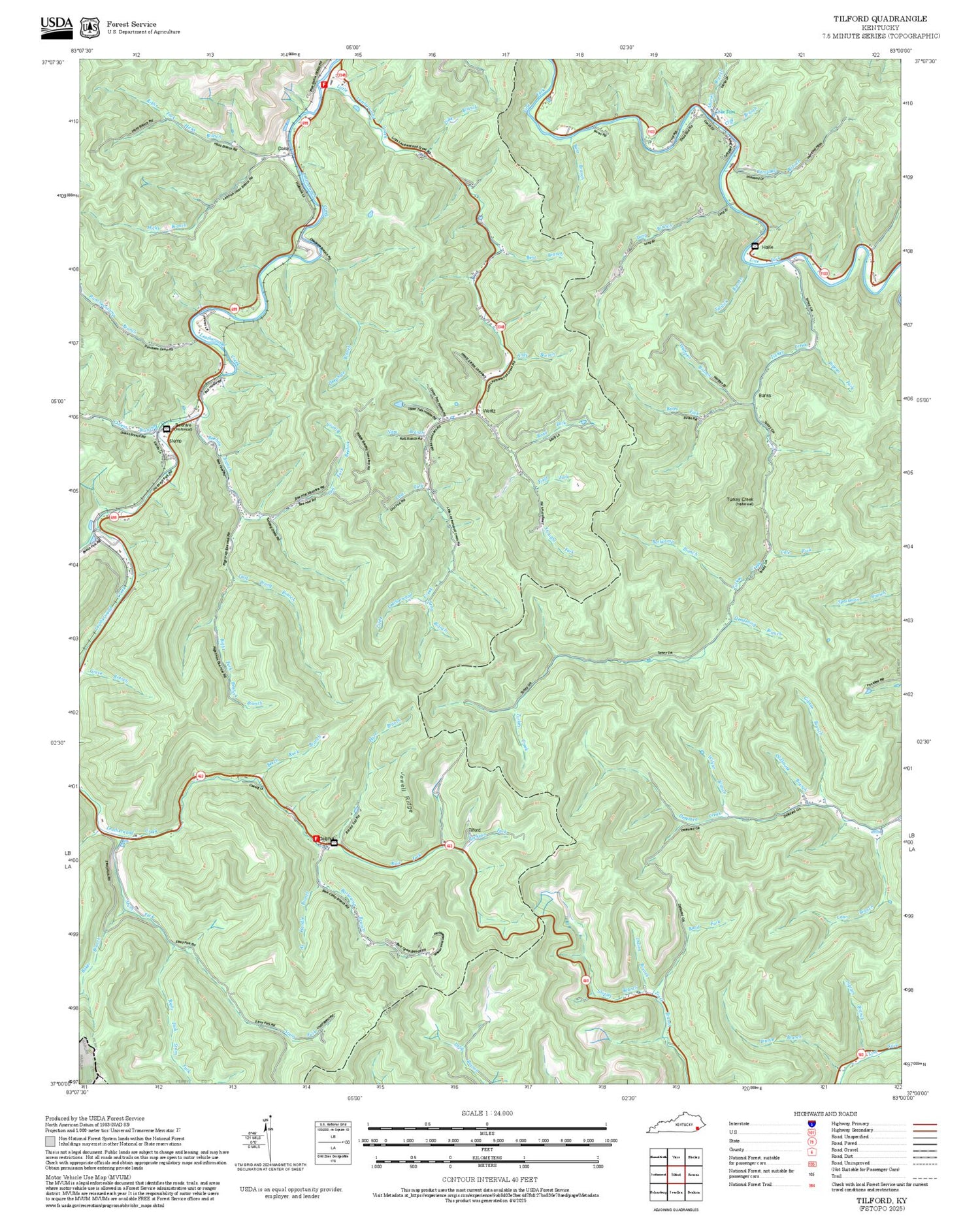 2025 Forest Service Topo Map of Tilford Kentucky