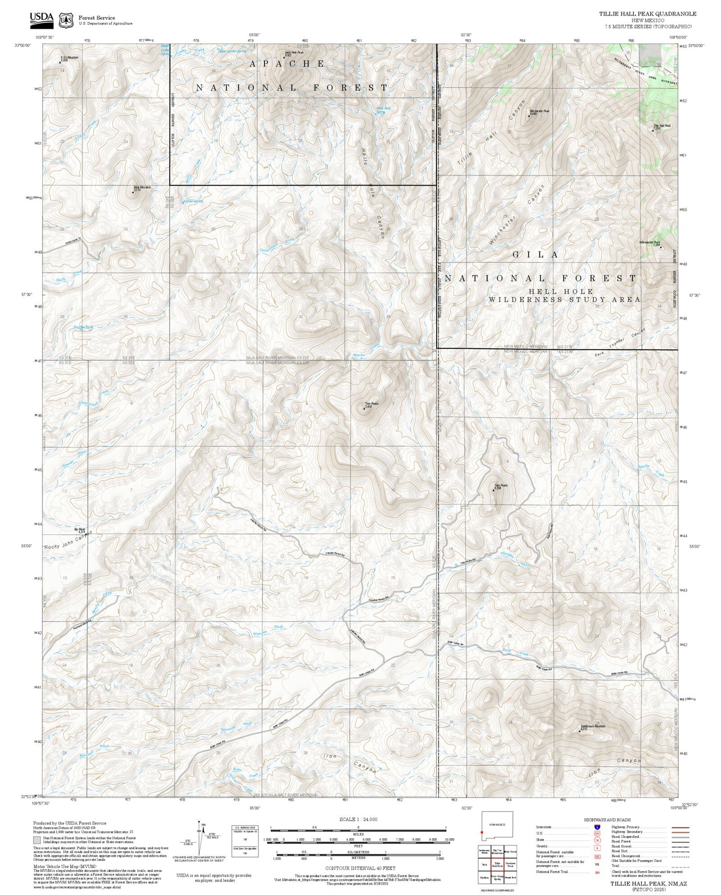 2025 Forest Service Topo Map of Tillie Hall Peak New Mexico