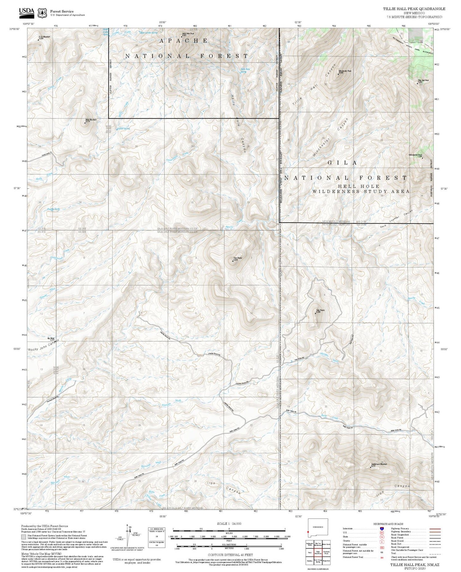 2025 Forest Service Topo Map of Tillie Hall Peak New Mexico