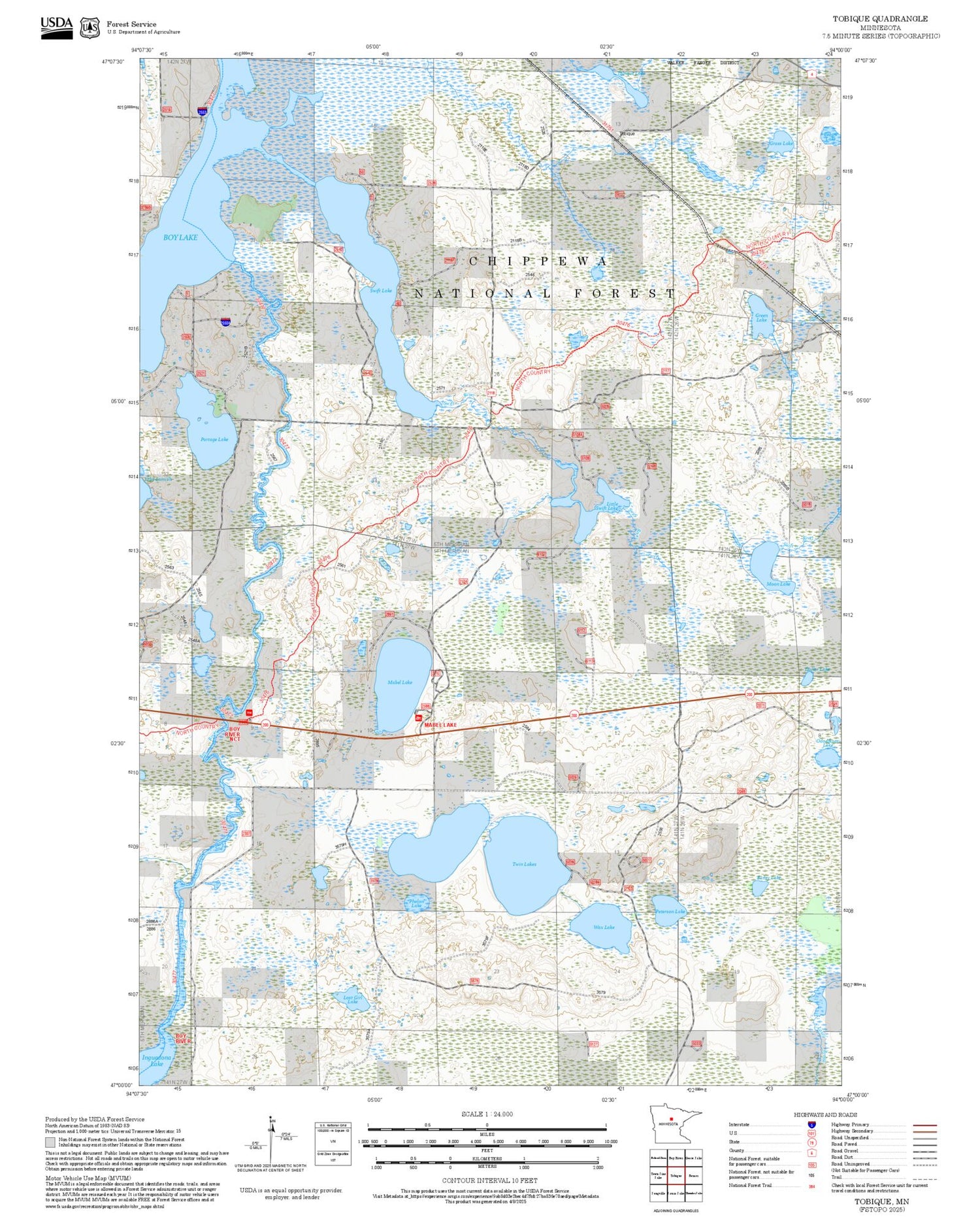 2025 Forest Service Topo Map of Tobique Minnesota
