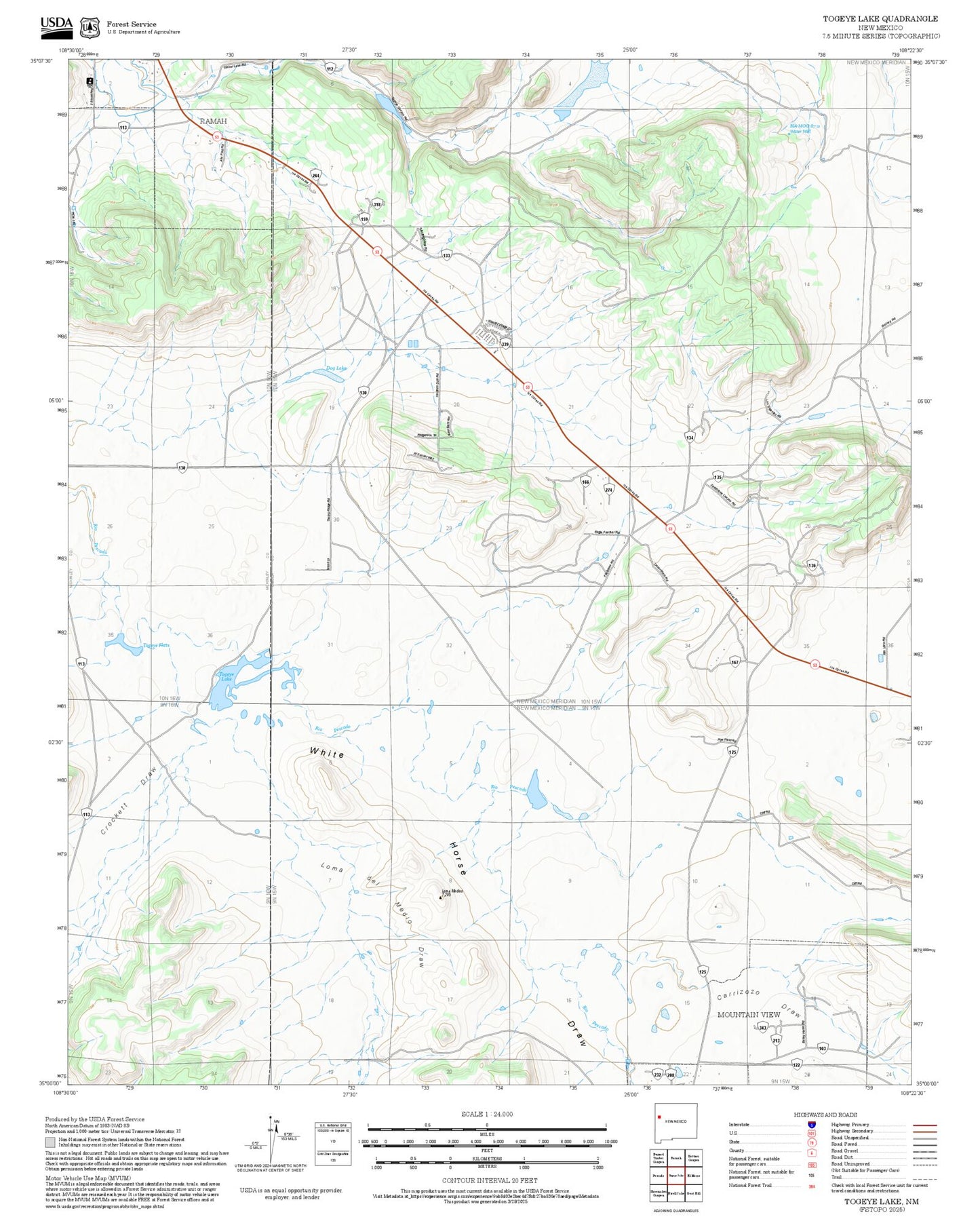 2025 Forest Service Topo Map of Togeye Lake New Mexico