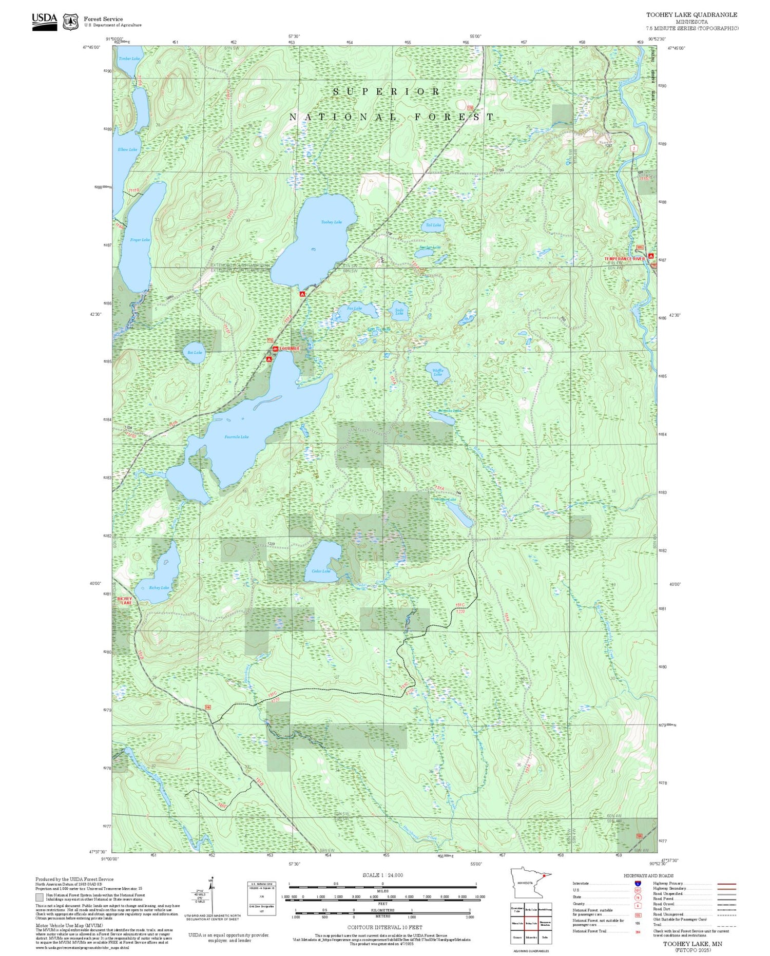 2025 Forest Service Topo Map of Toohey Lake Minnesota