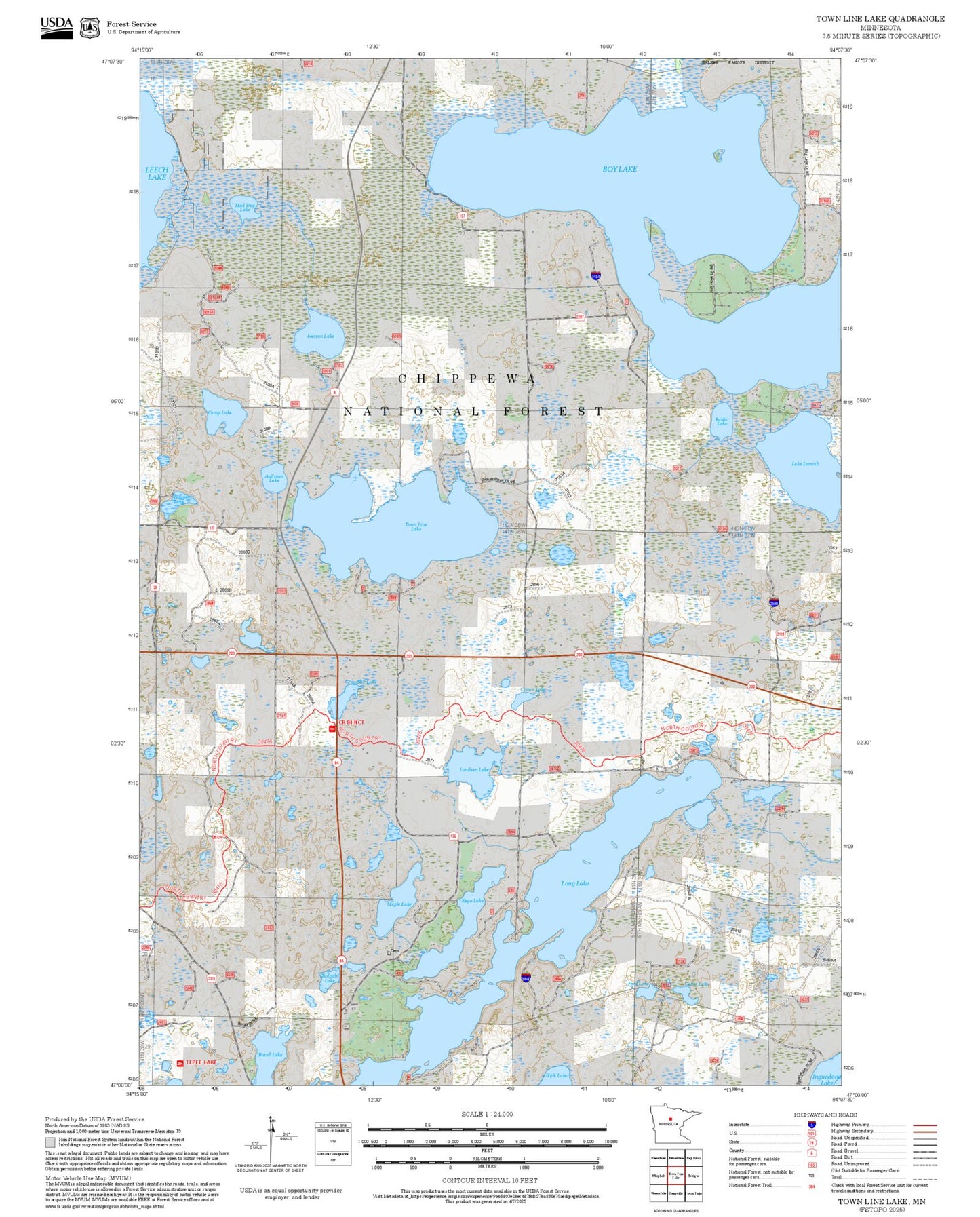 2025 Forest Service Topo Map of Town Line Lake Minnesota