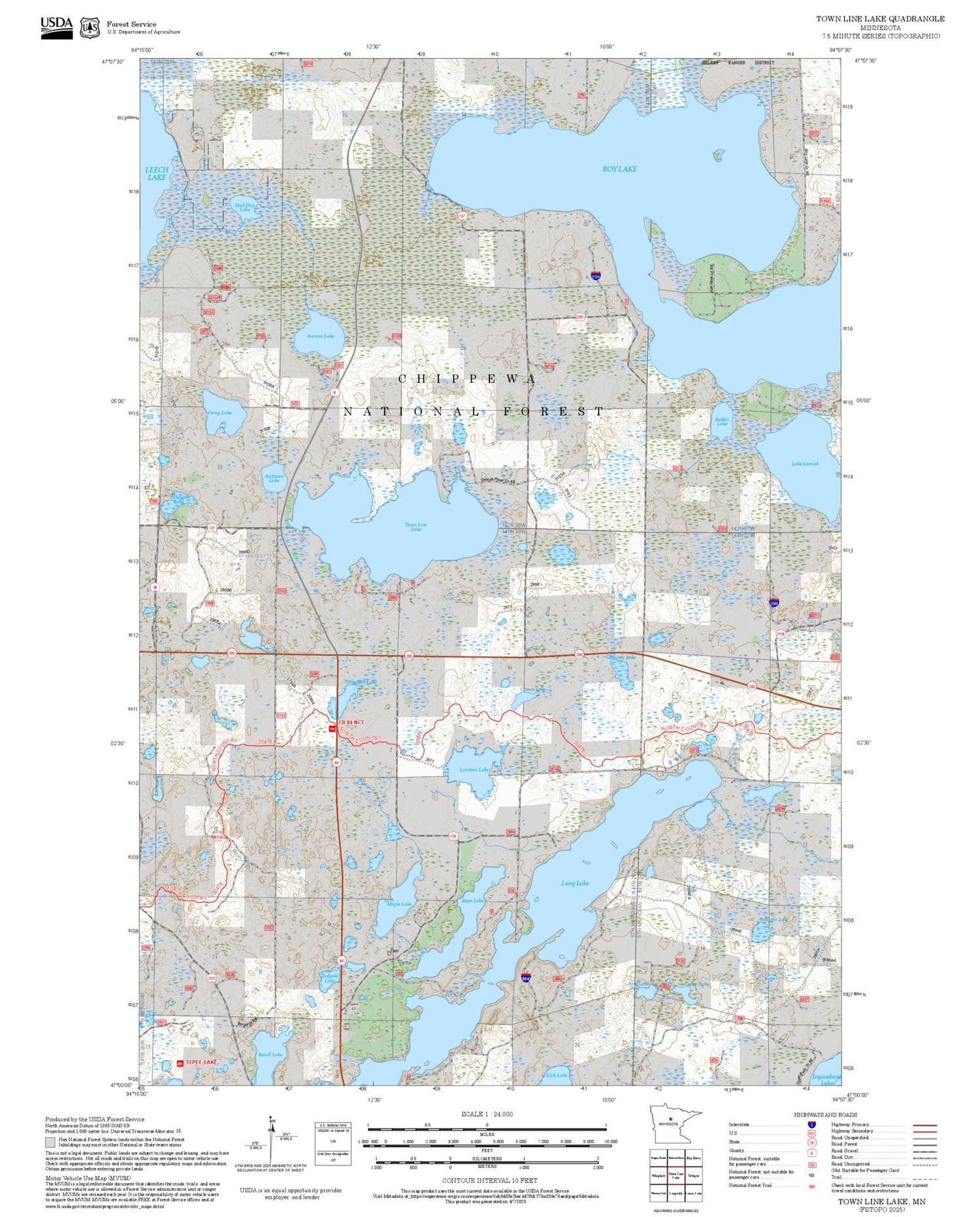 2025 Forest Service Topo Map of Town Line Lake Minnesota