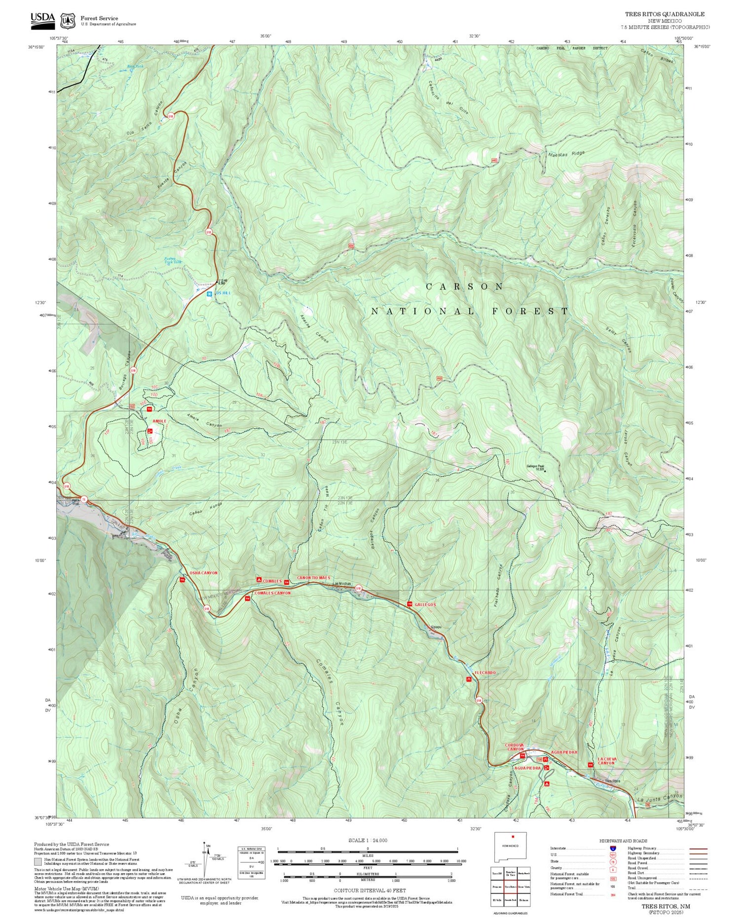 2025 Forest Service Topo Map of Tres Ritos New Mexico