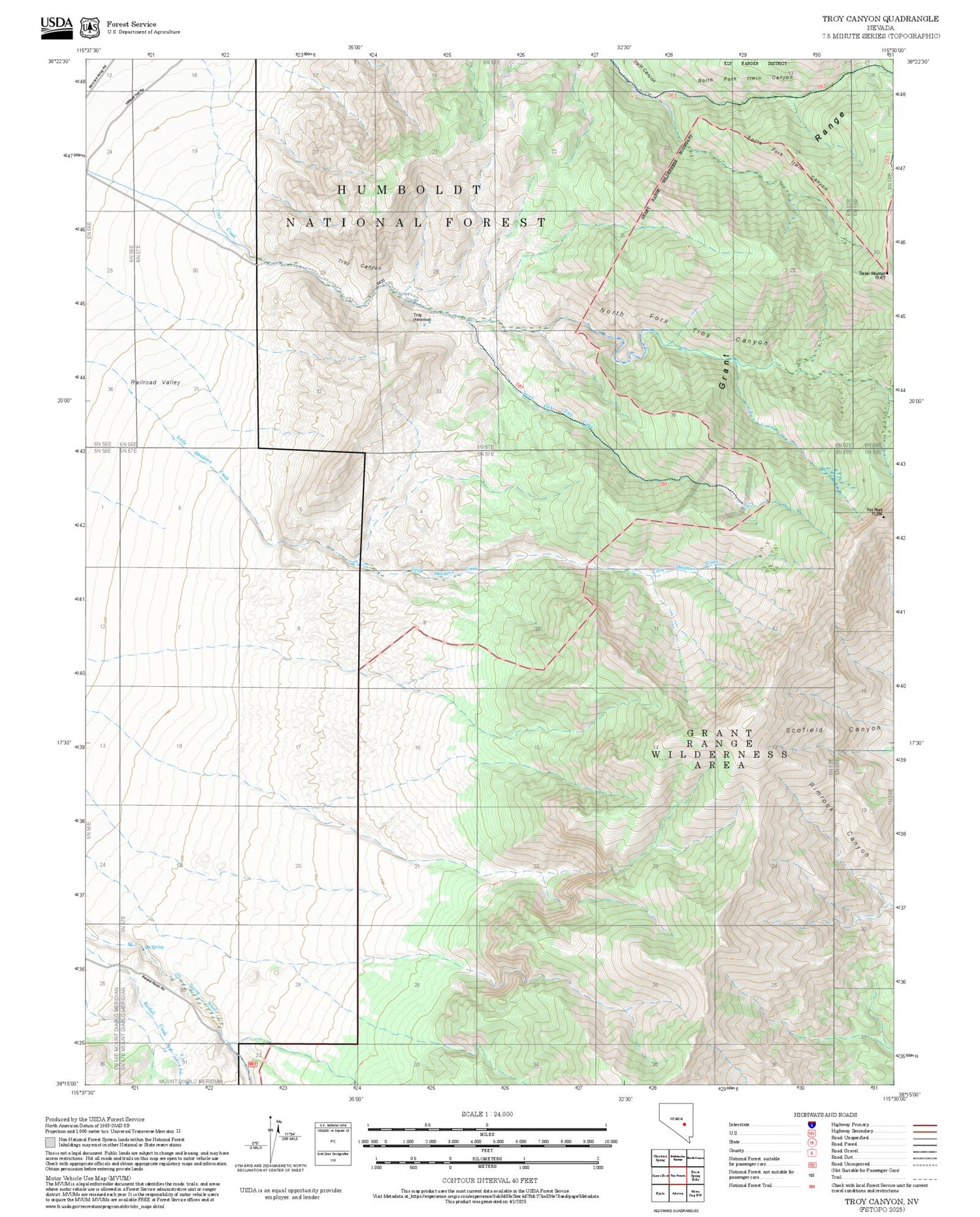 2025 Forest Service Topo Map of Troy Canyon Nevada